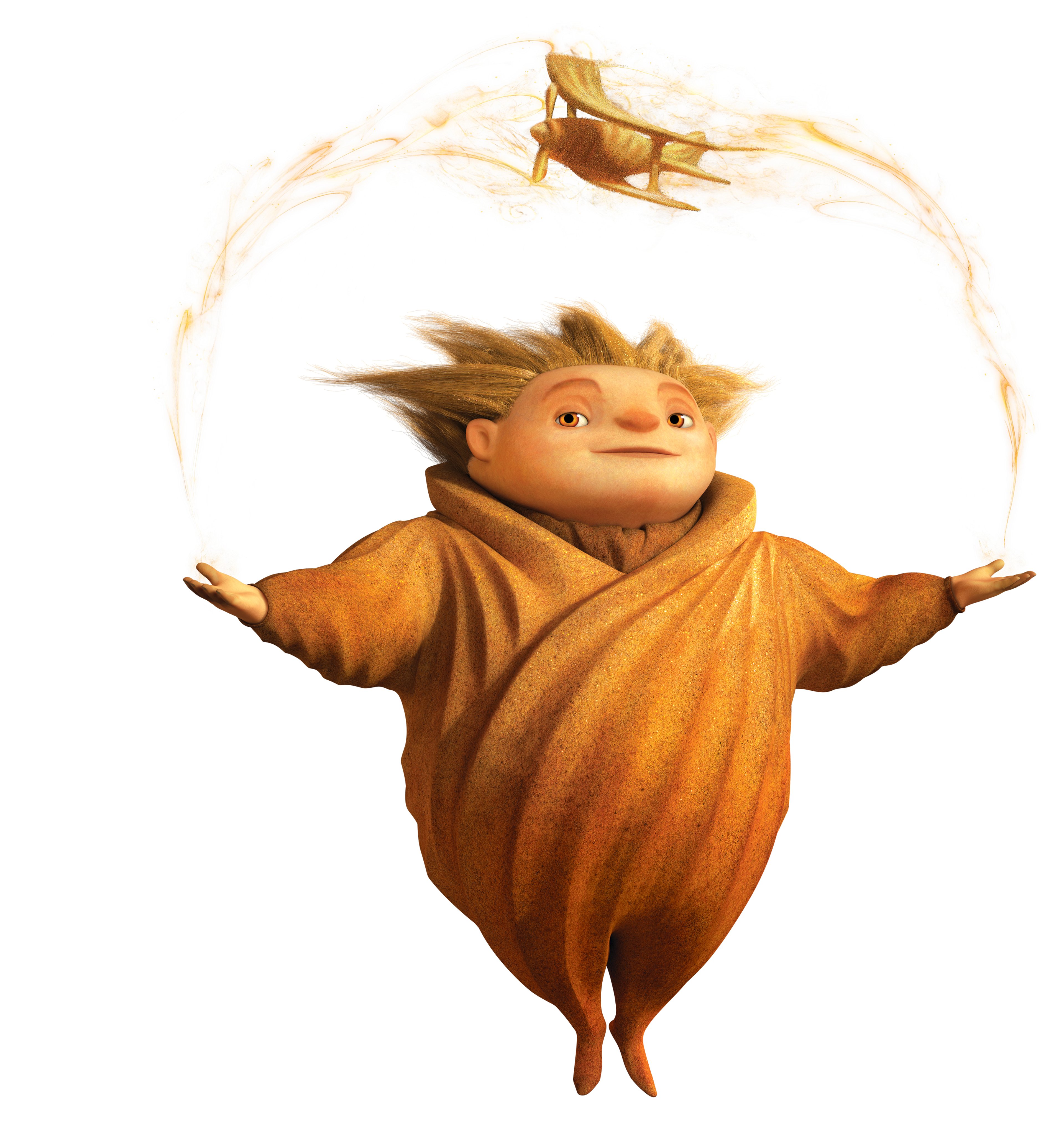 A whimsical, fantastical character with a round face, large eyes, and a golden, swirling robe or cloak, appearing to be the Sandman from the Rise of the Guardians universe.
