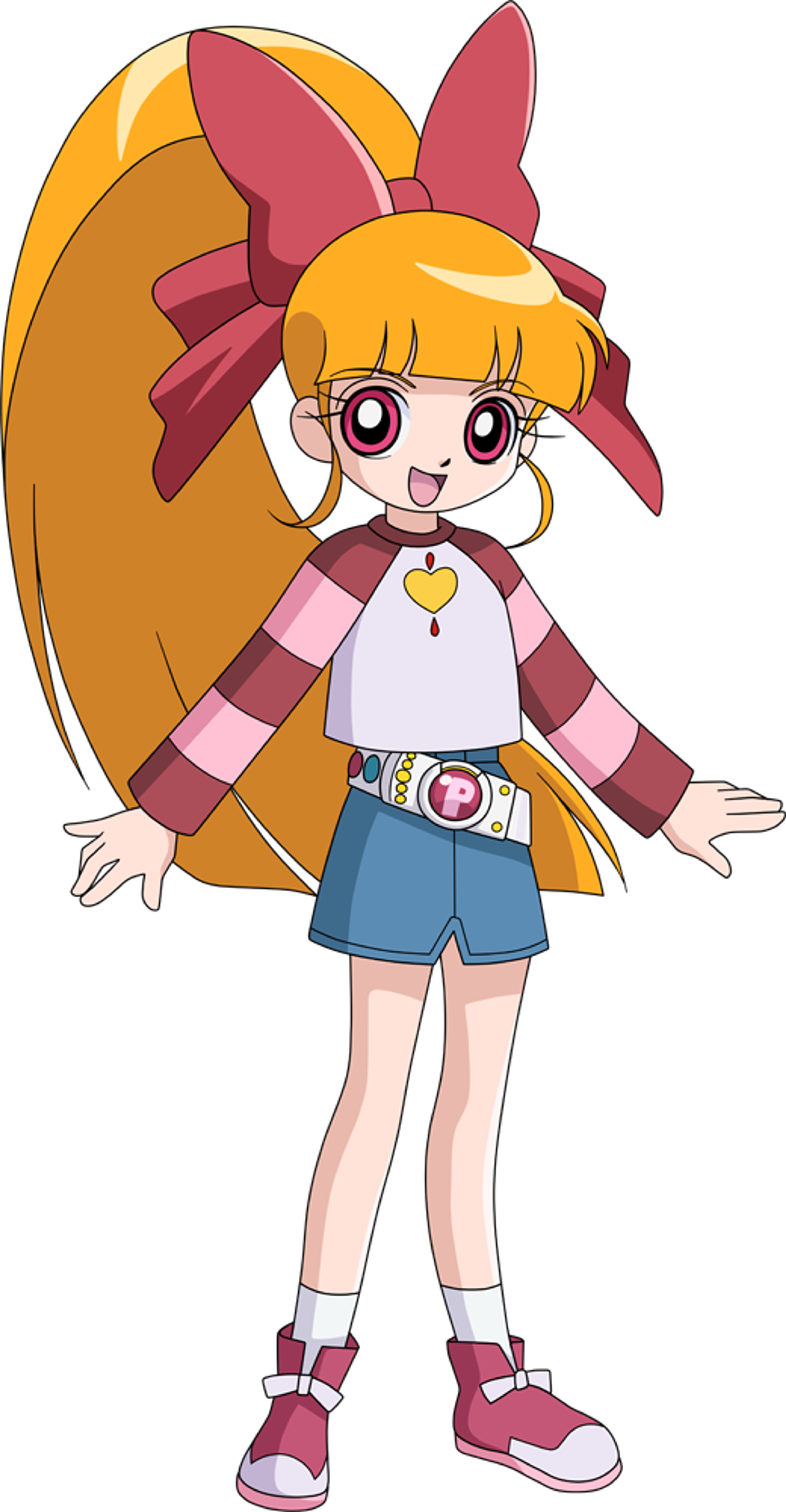 An anime-style character with pink hair and a cheerful expression, wearing a pink and white outfit with bows and heart-shaped accessories.