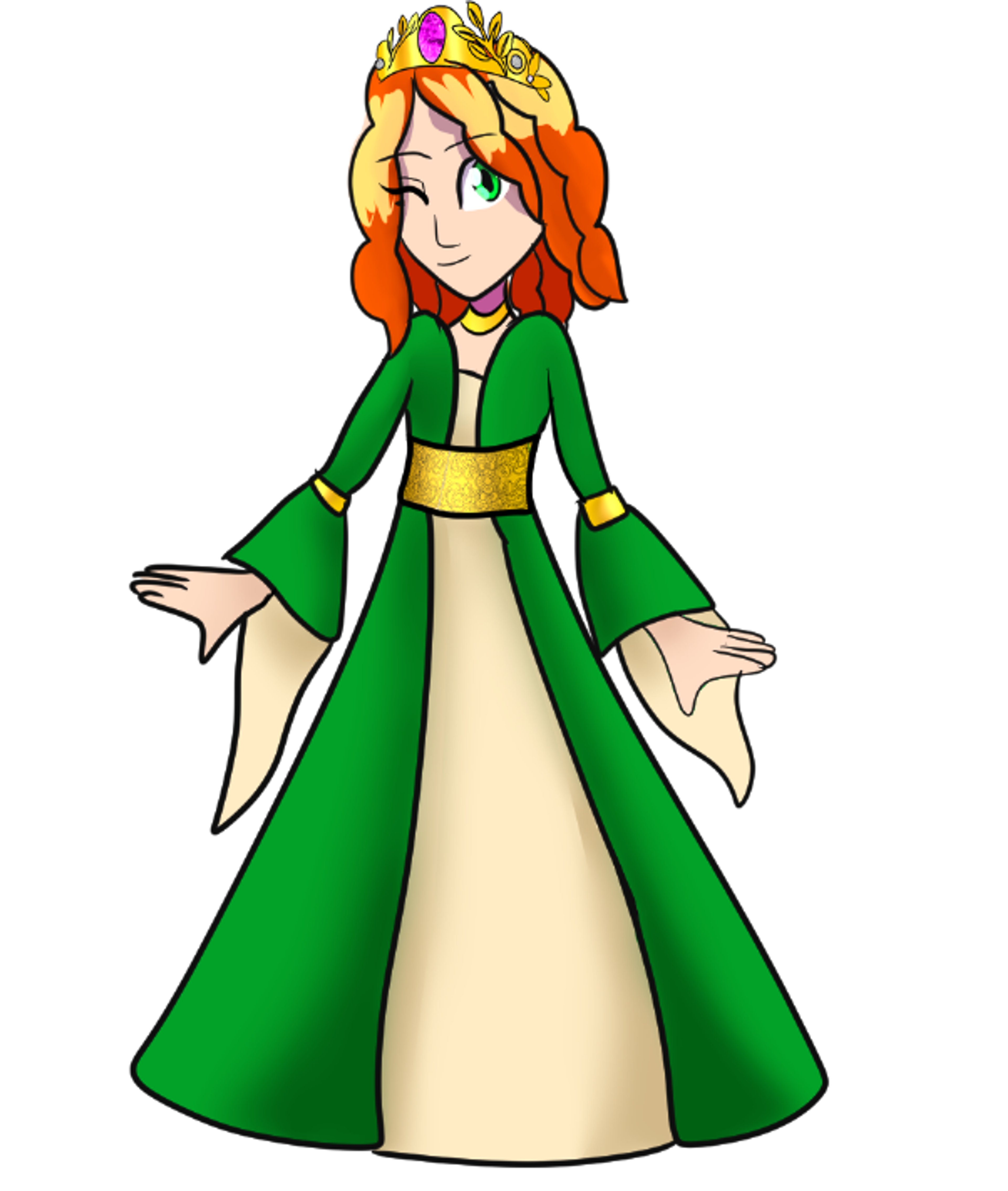 An animated female character with red hair and a green dress, wearing a golden crown.