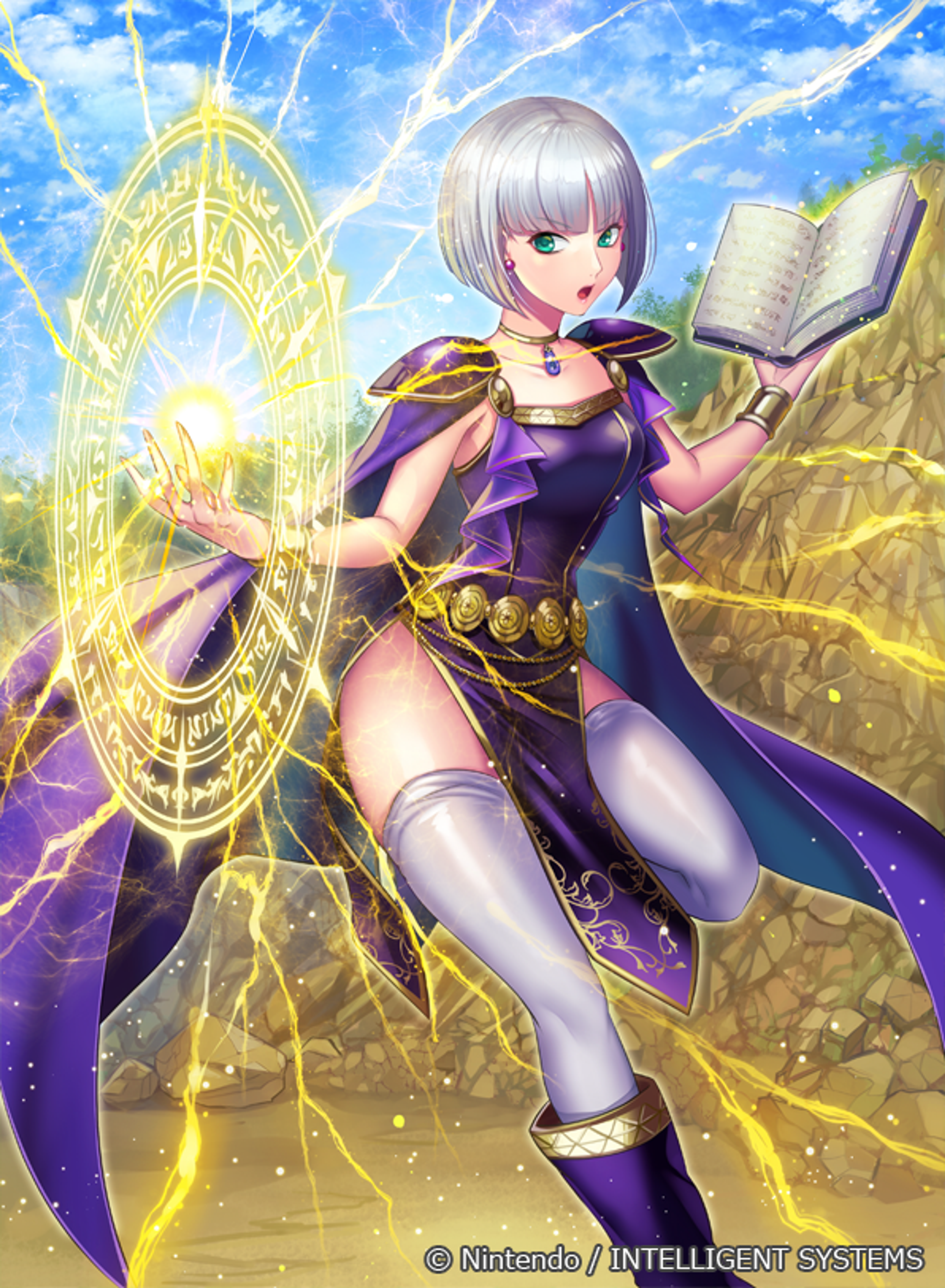 A young woman with silver hair and purple clothing casting a magical spell