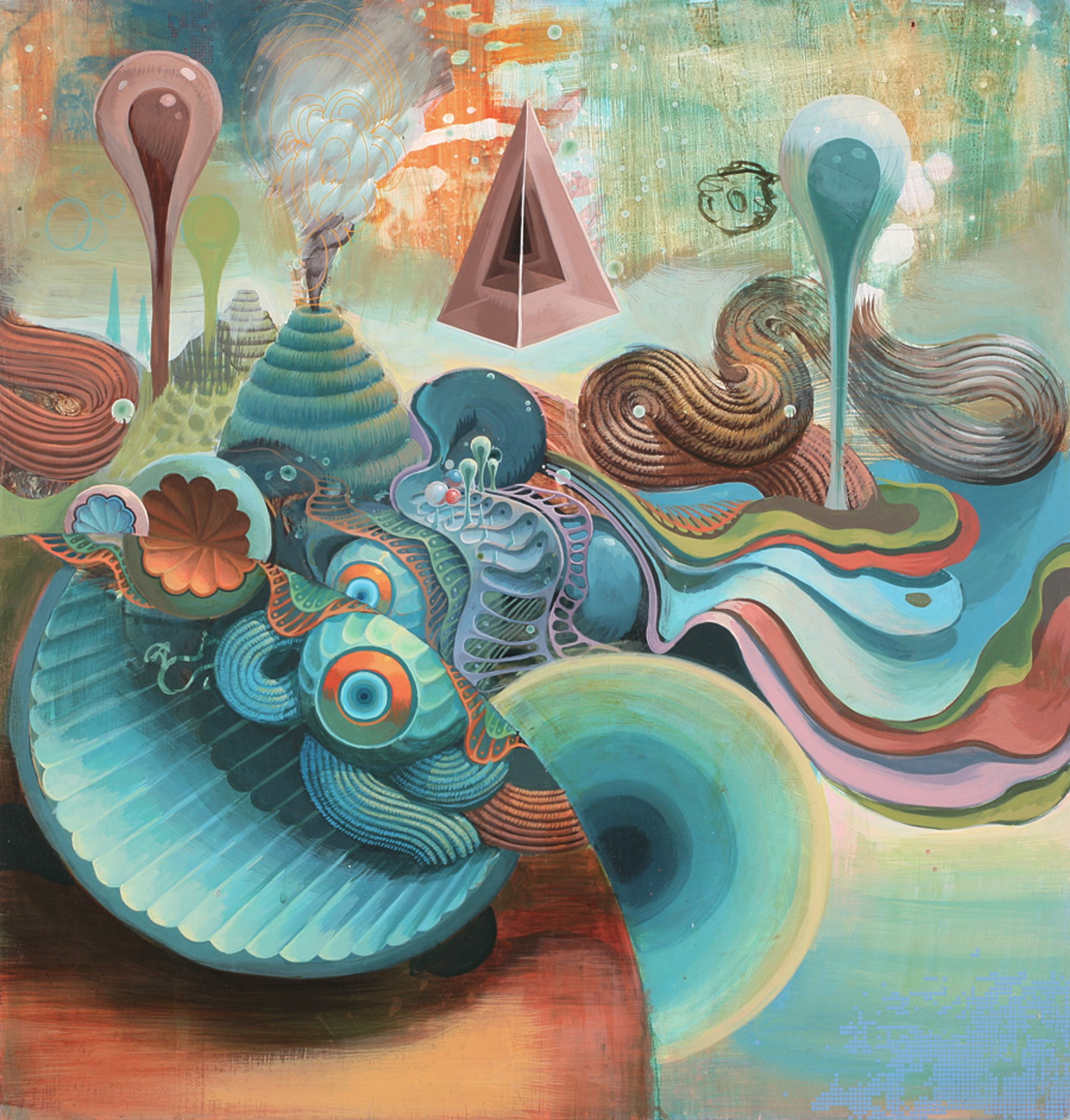 A surreal, abstract painting with colorful, organic shapes and forms.