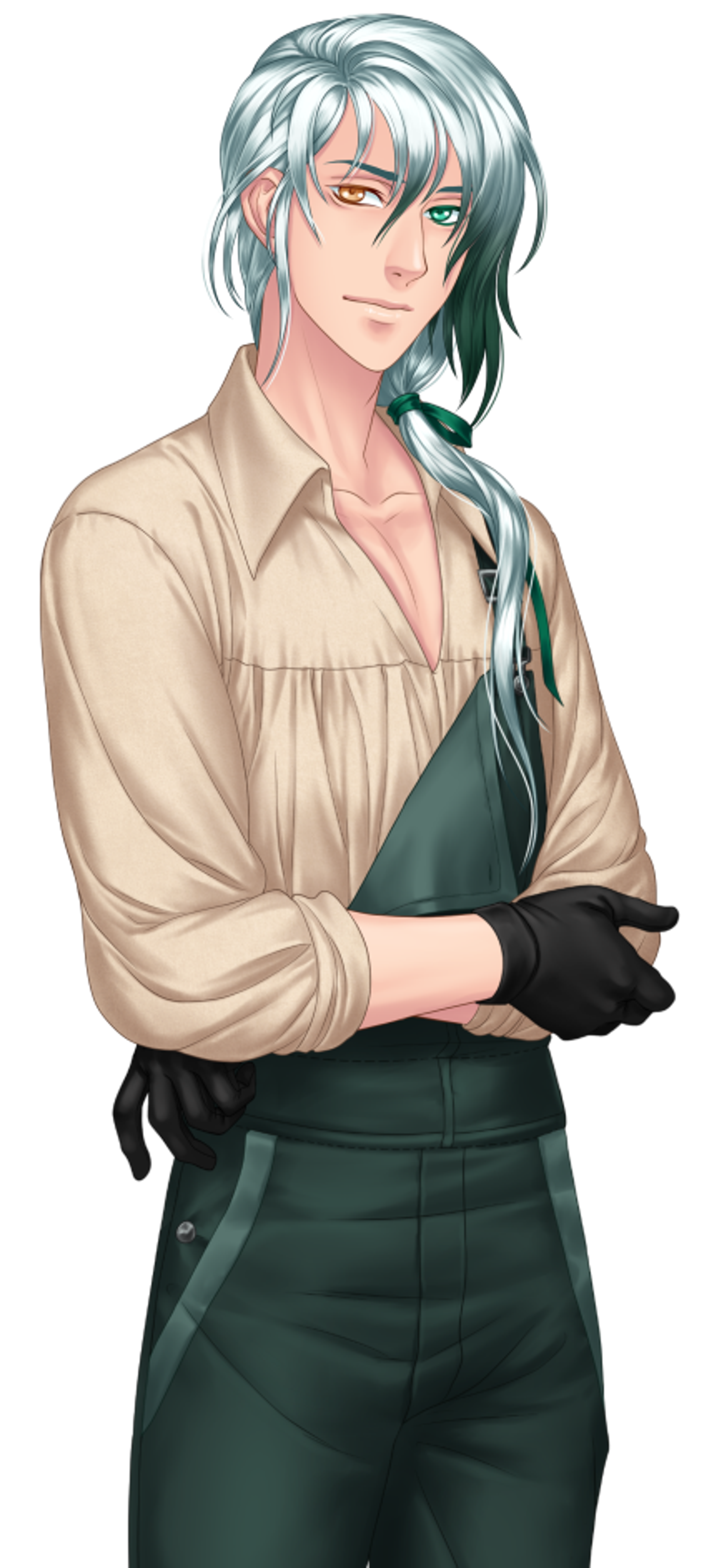 A young man with silver and black hair, heterochromatic eyes, and a Victorian-inspired outfit standing with a thoughtful expression.