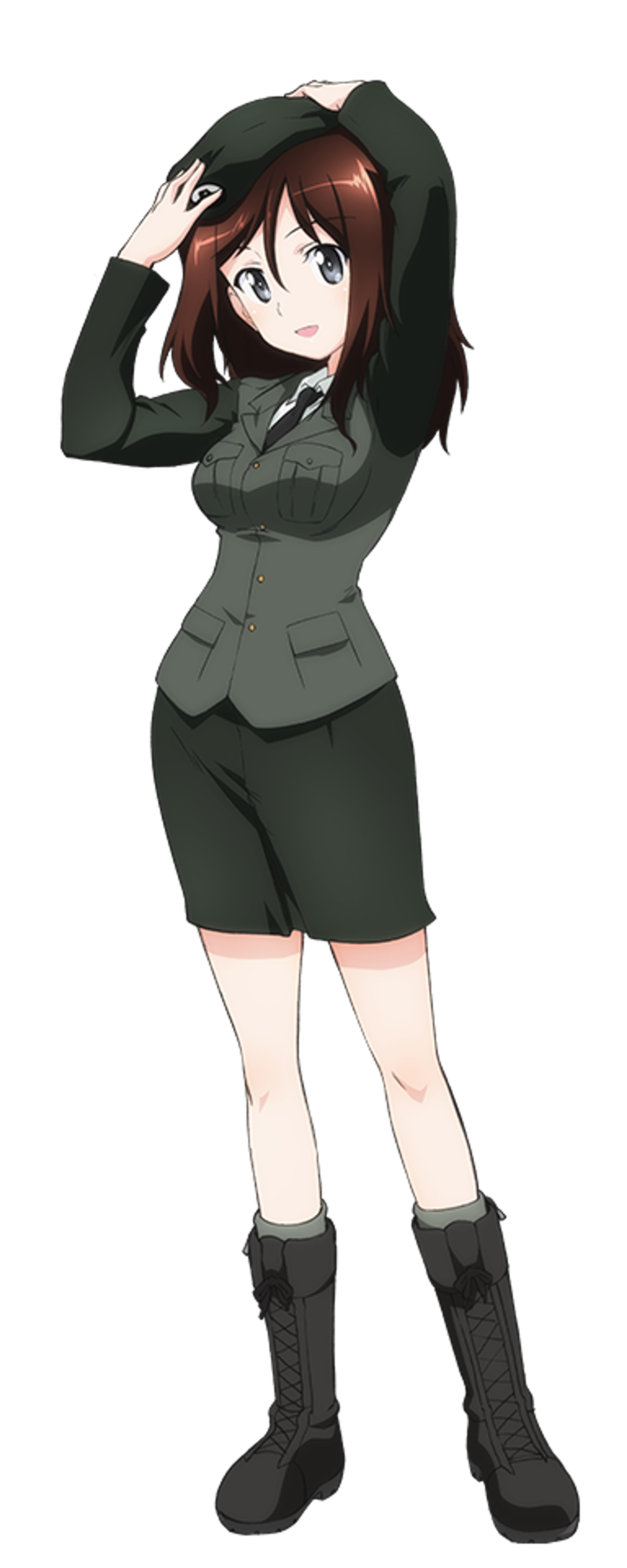 A young woman in a military-style uniform with a serious expression on her face.