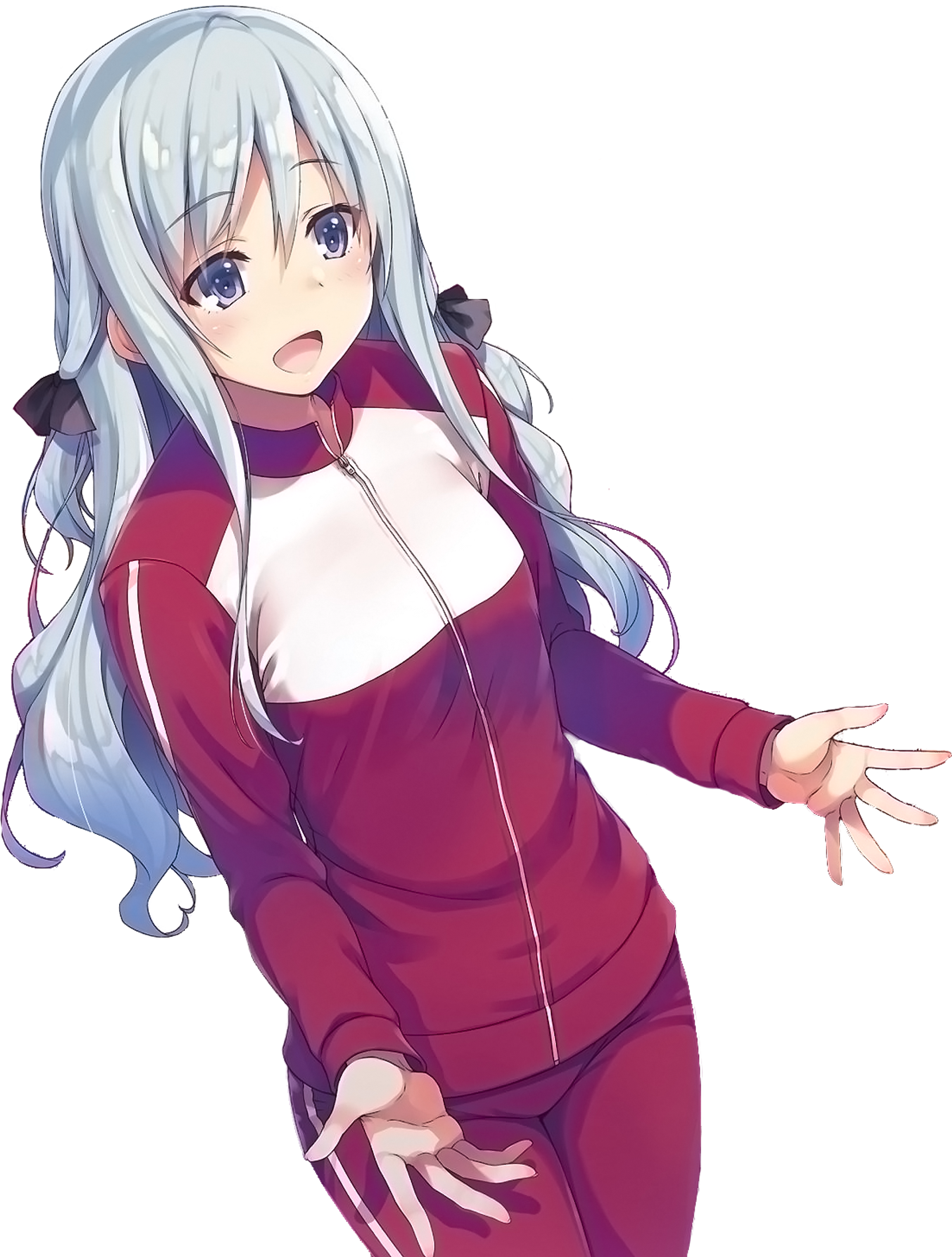 An anime-style character with silver hair and a red jacket