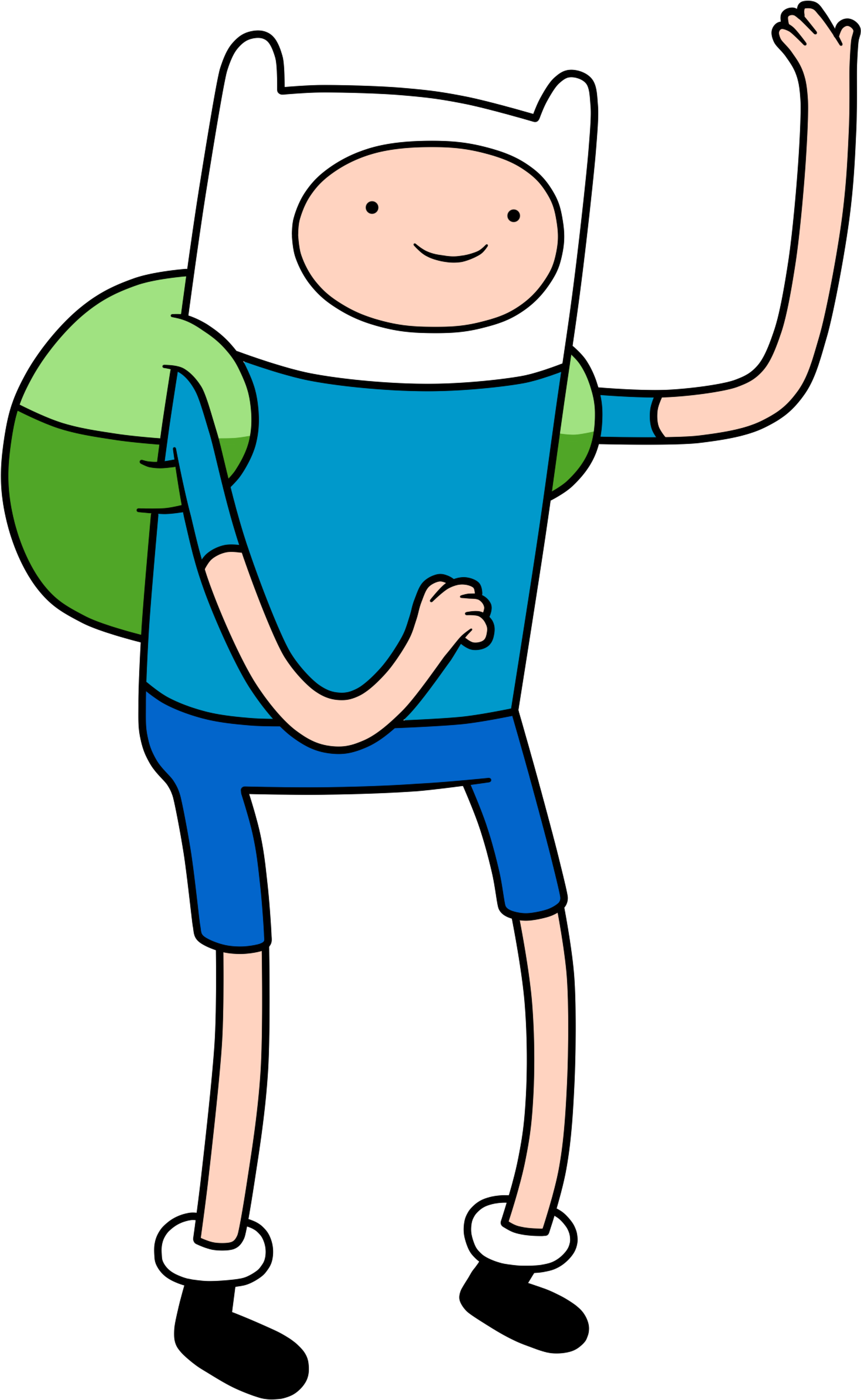 A cartoon character named Finn, a young human boy with blond hair, wearing a blue shirt and shorts, standing with arms raised.