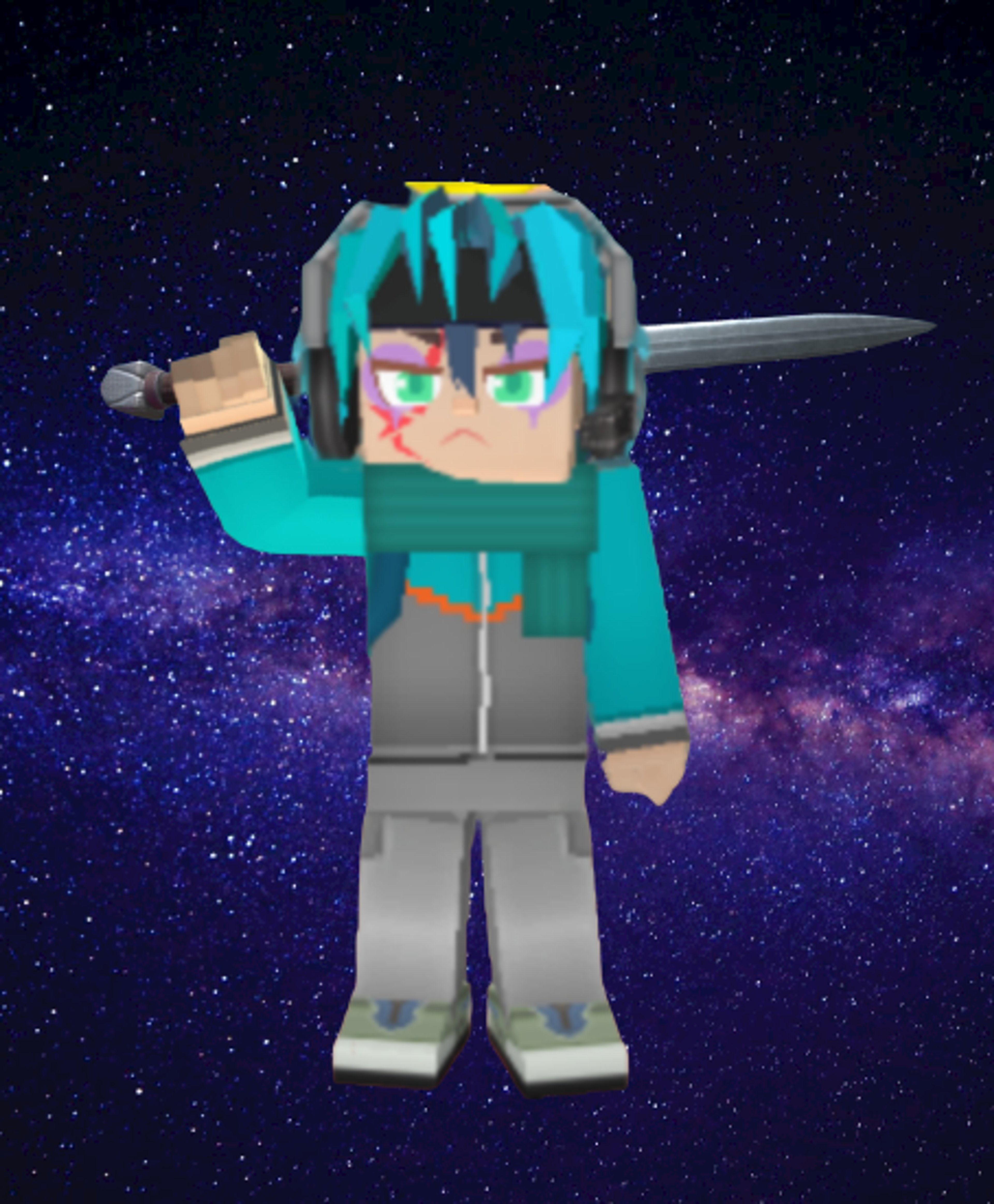 A detailed, blocky character with blue hair, green eyes, and a sword.