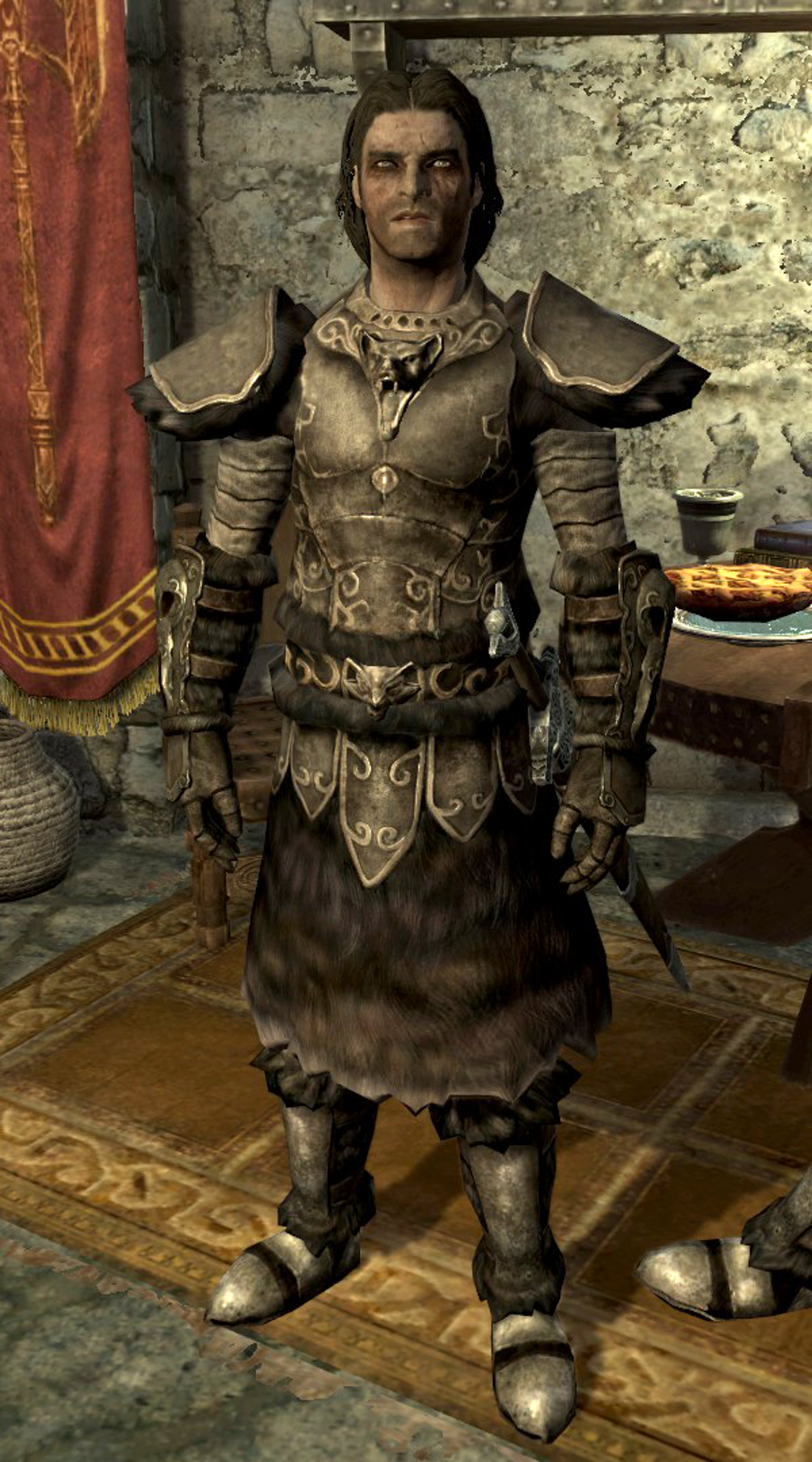 A Nord warrior character in heavy armor with a stern expression