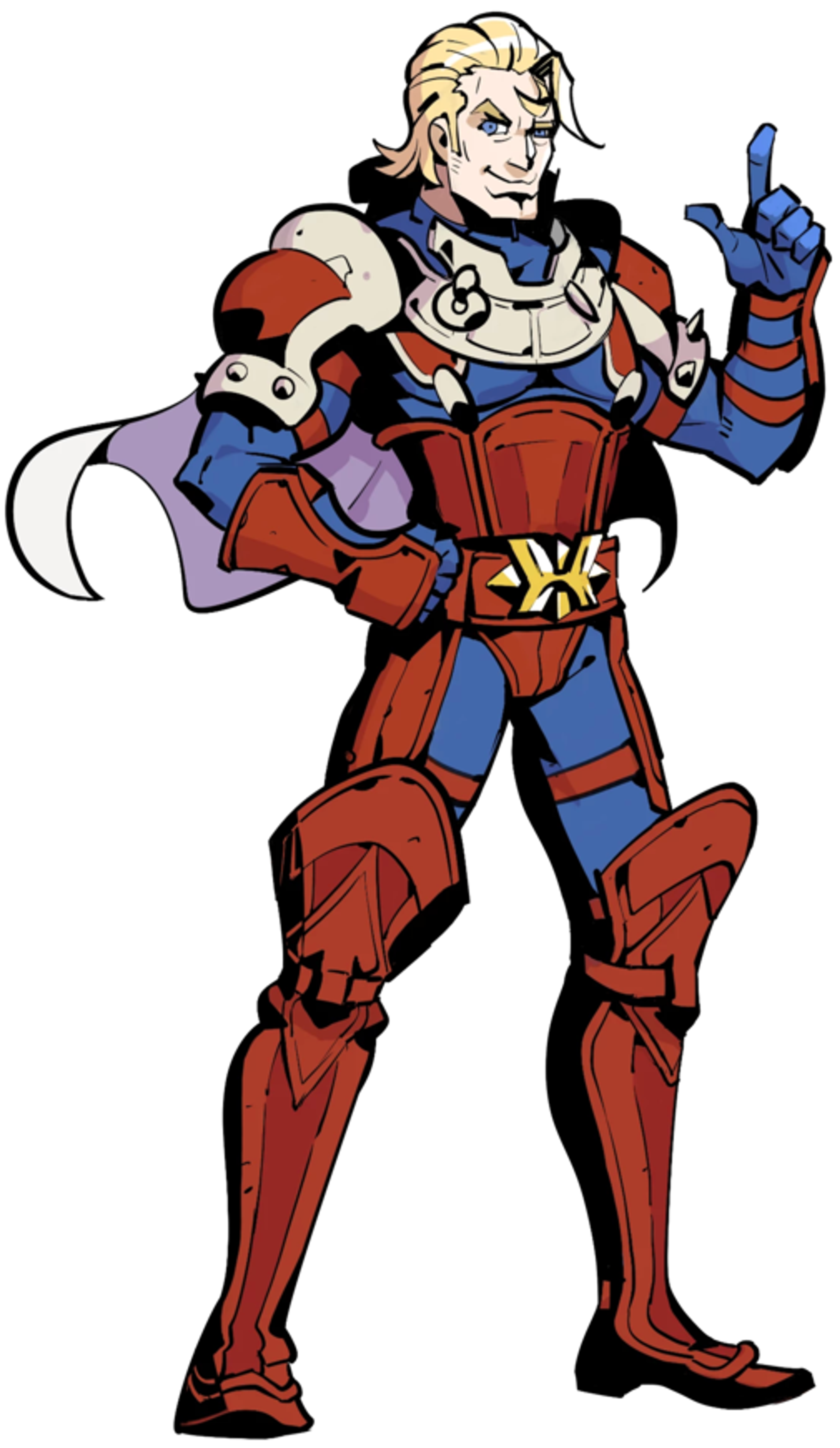 A muscular, blond-haired male character in a heroic pose wearing a red and blue costume with armor-like elements.