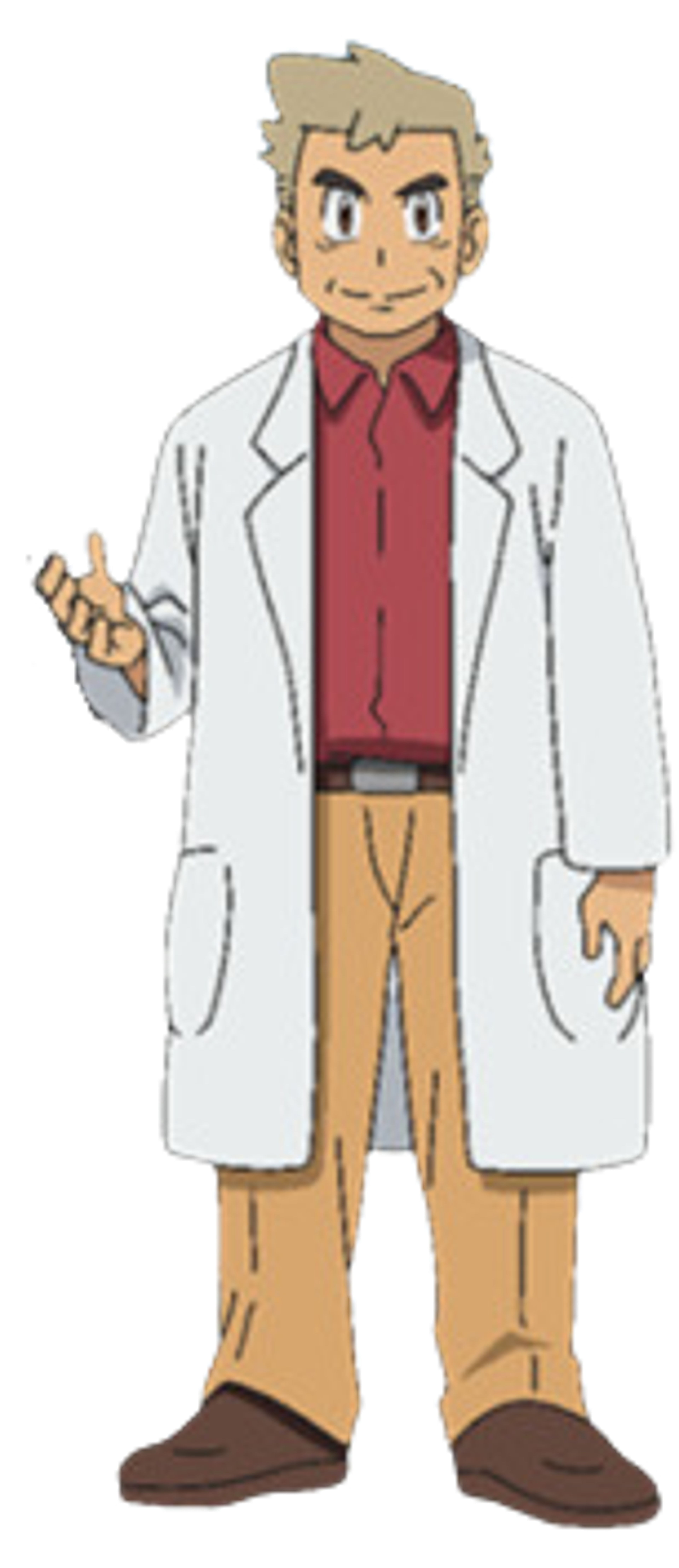 An older man in a lab coat holding a Poké Ball
