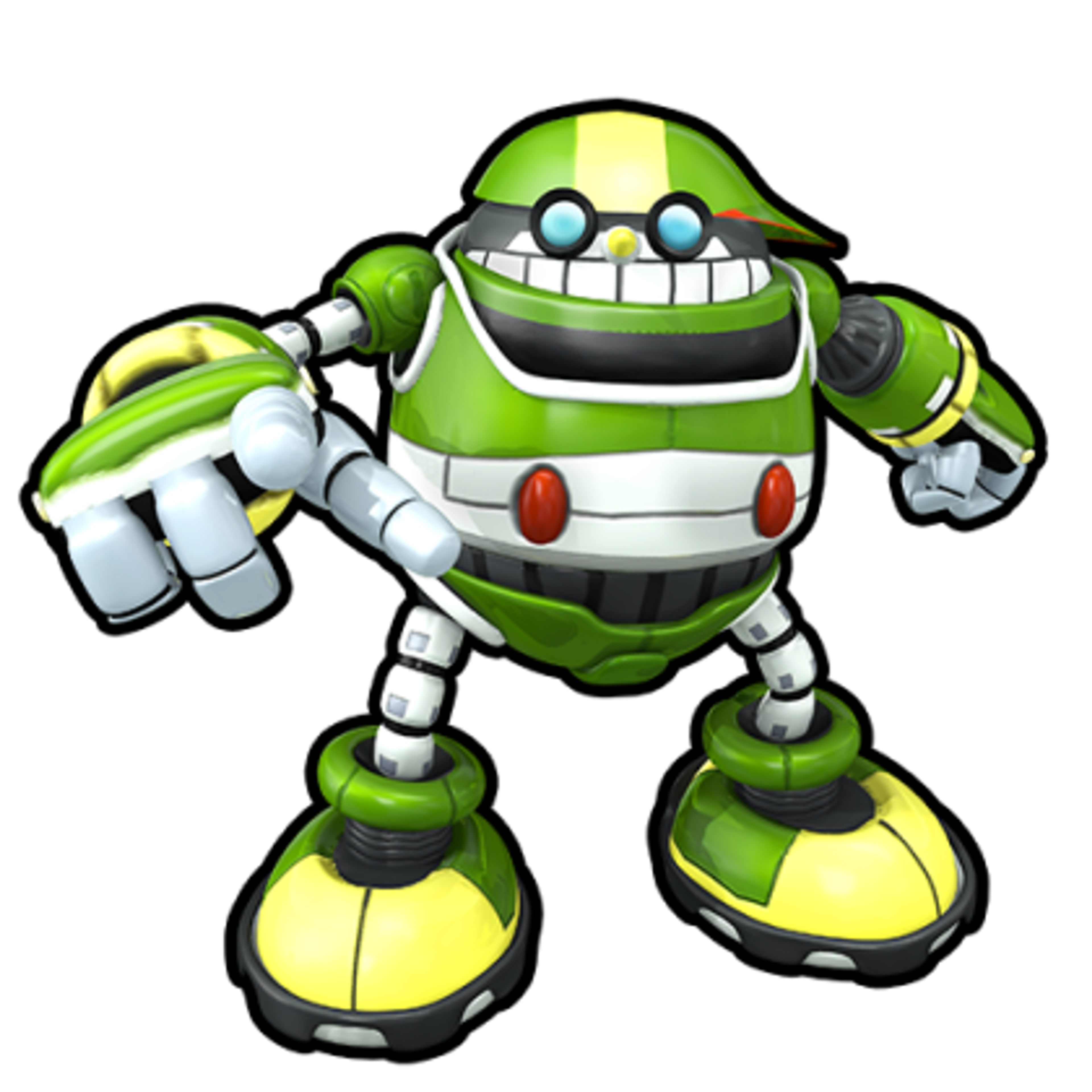 A green, humanoid robot with a round head and glowing blue eyes.