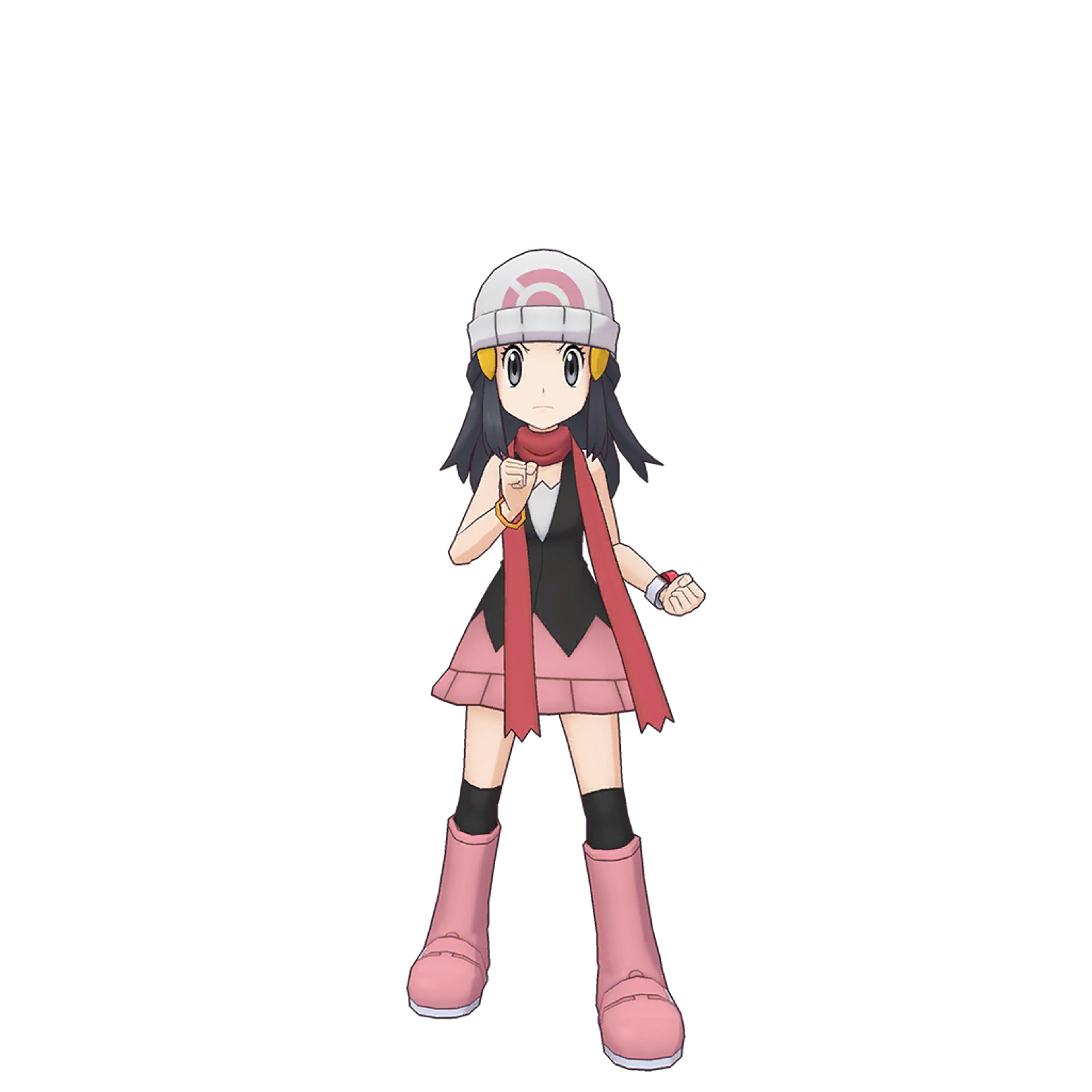 An anime-style character named Dawn, a young female Pokémon trainer with pink hair and a red outfit.