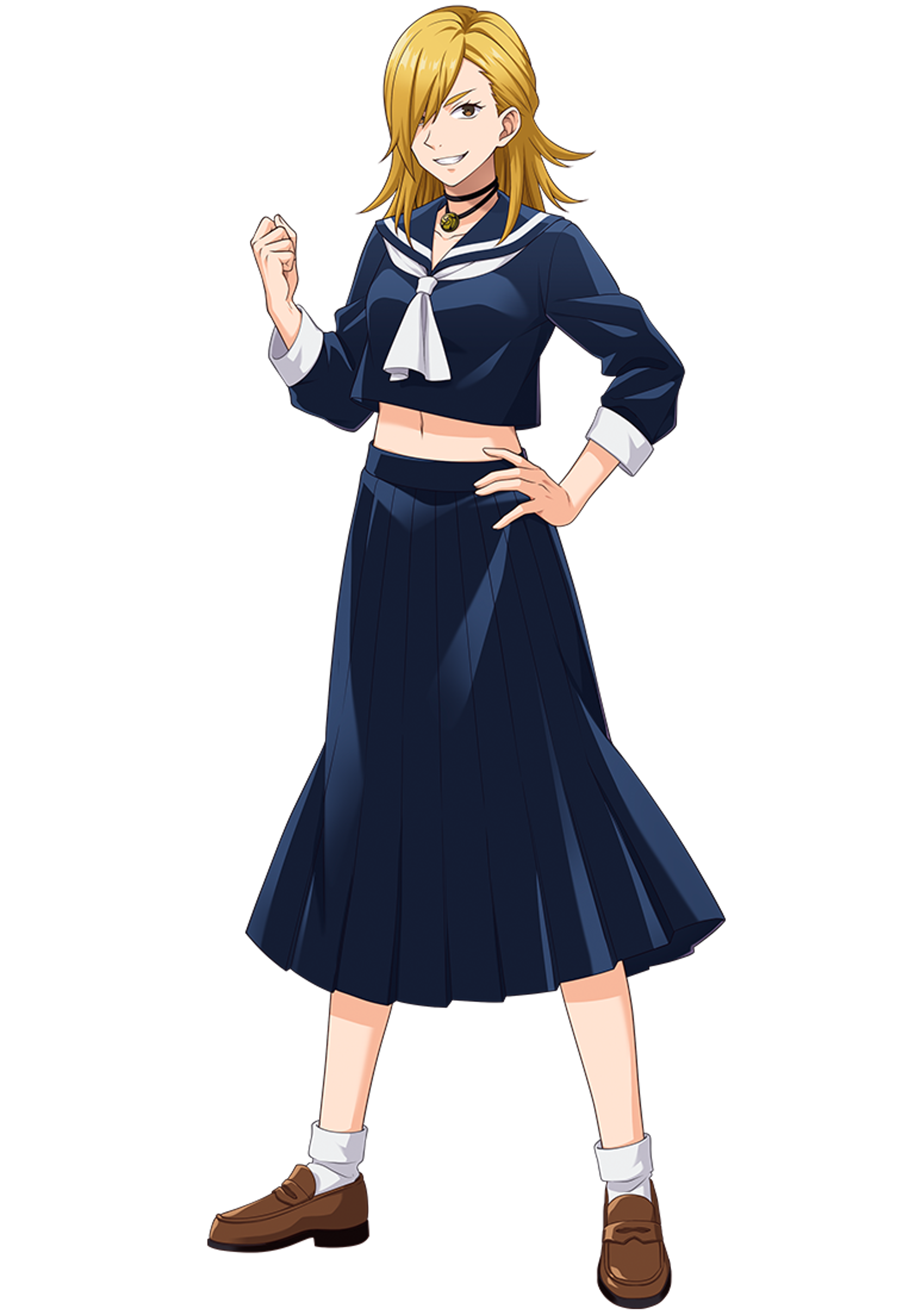 A young woman in a school uniform with a confident, defiant expression