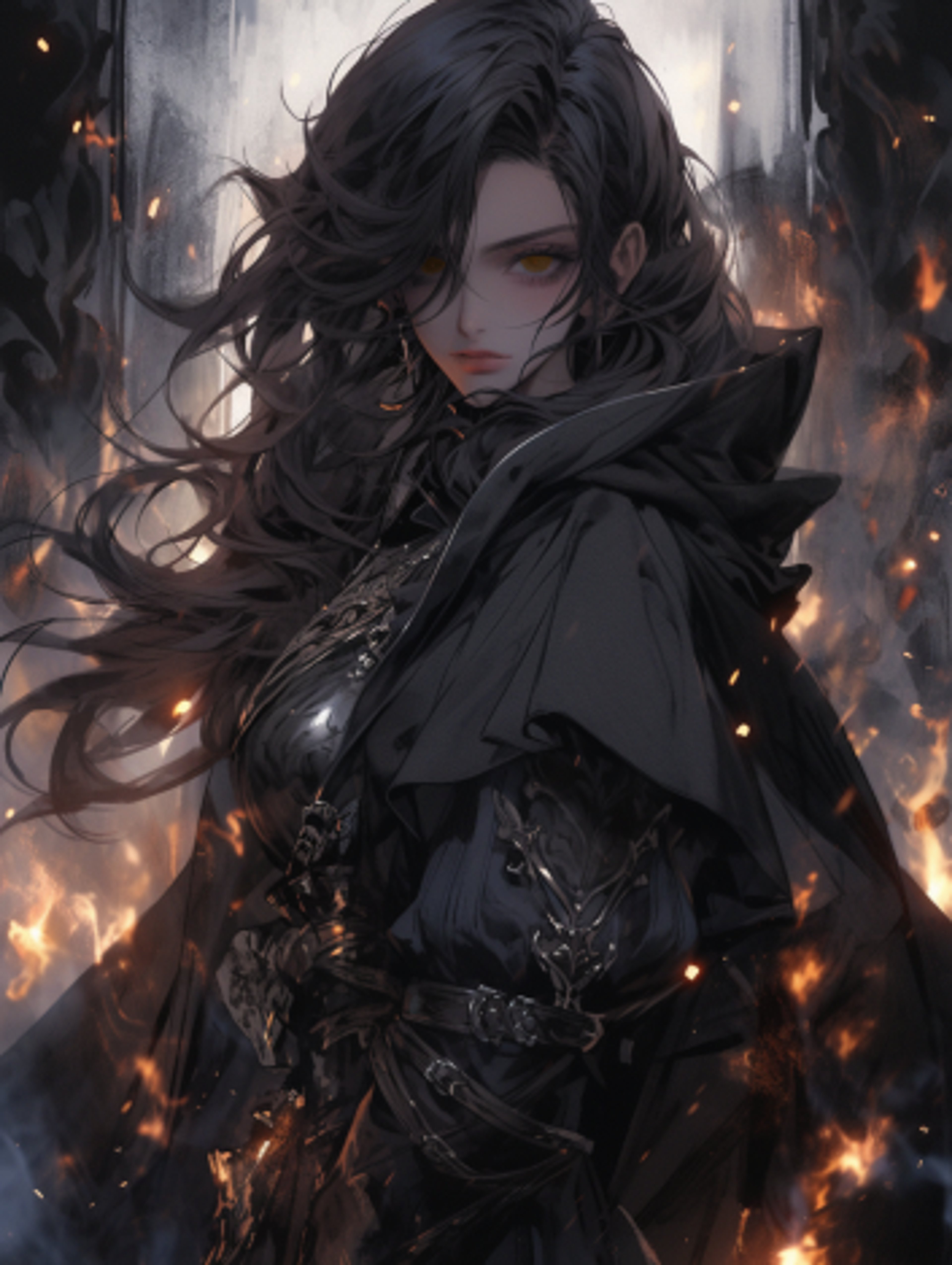 A powerful, mysterious female character with dark hair and a serious expression, surrounded by a shadowy, supernatural background.