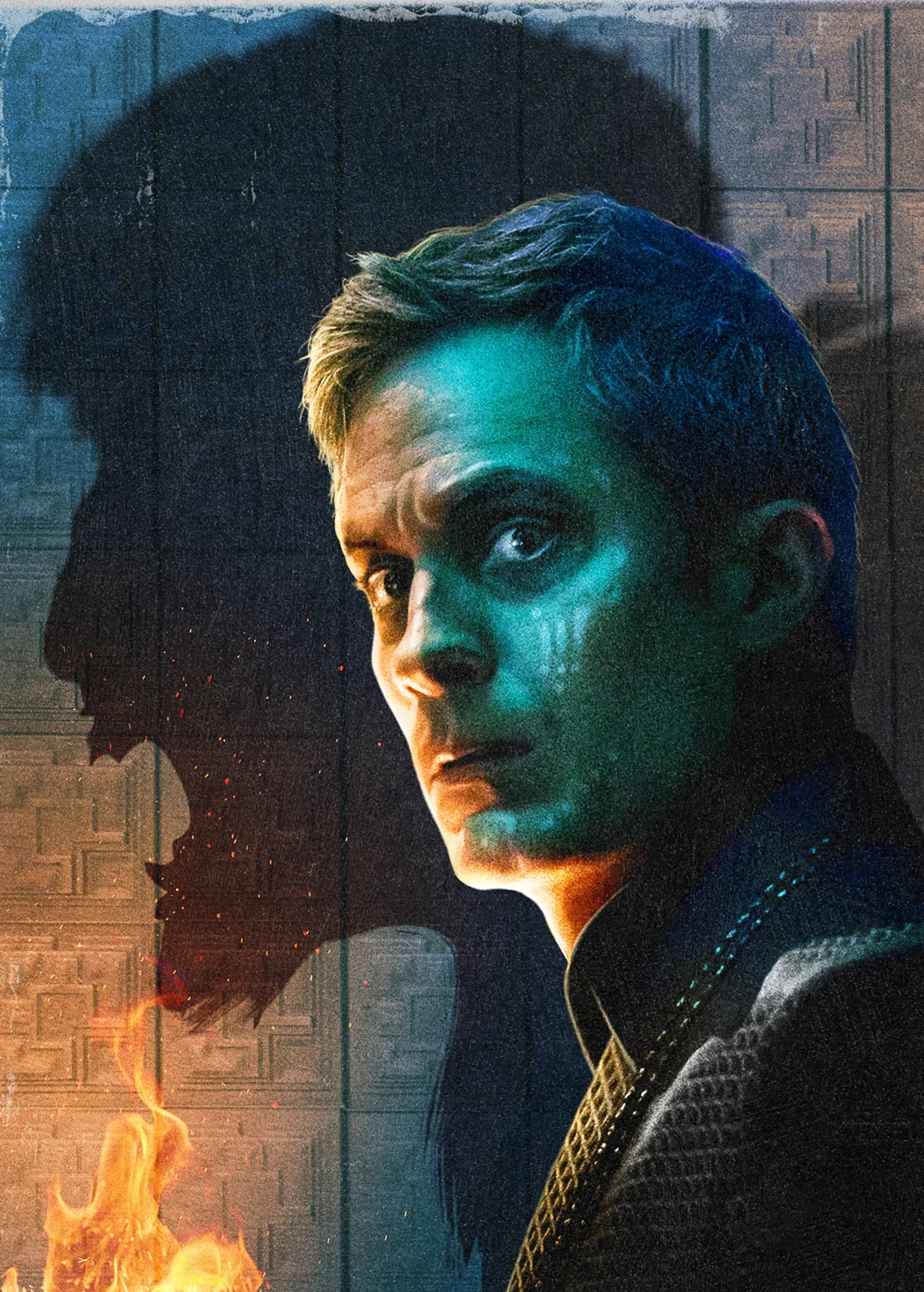 A close-up portrait of a serious-looking man with short dark hair