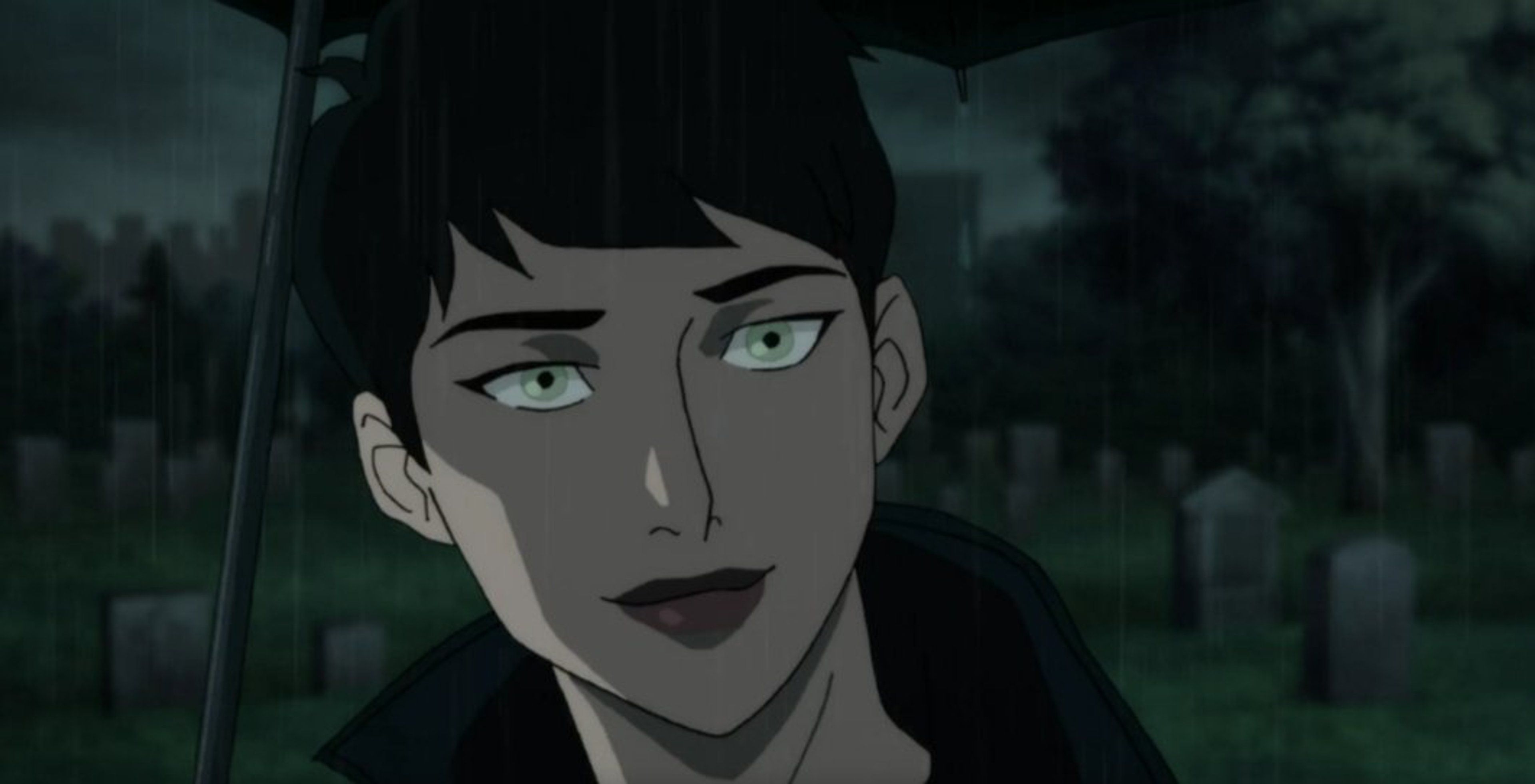 An anime-style character with dark hair and green eyes, wearing a black outfit and looking serious.