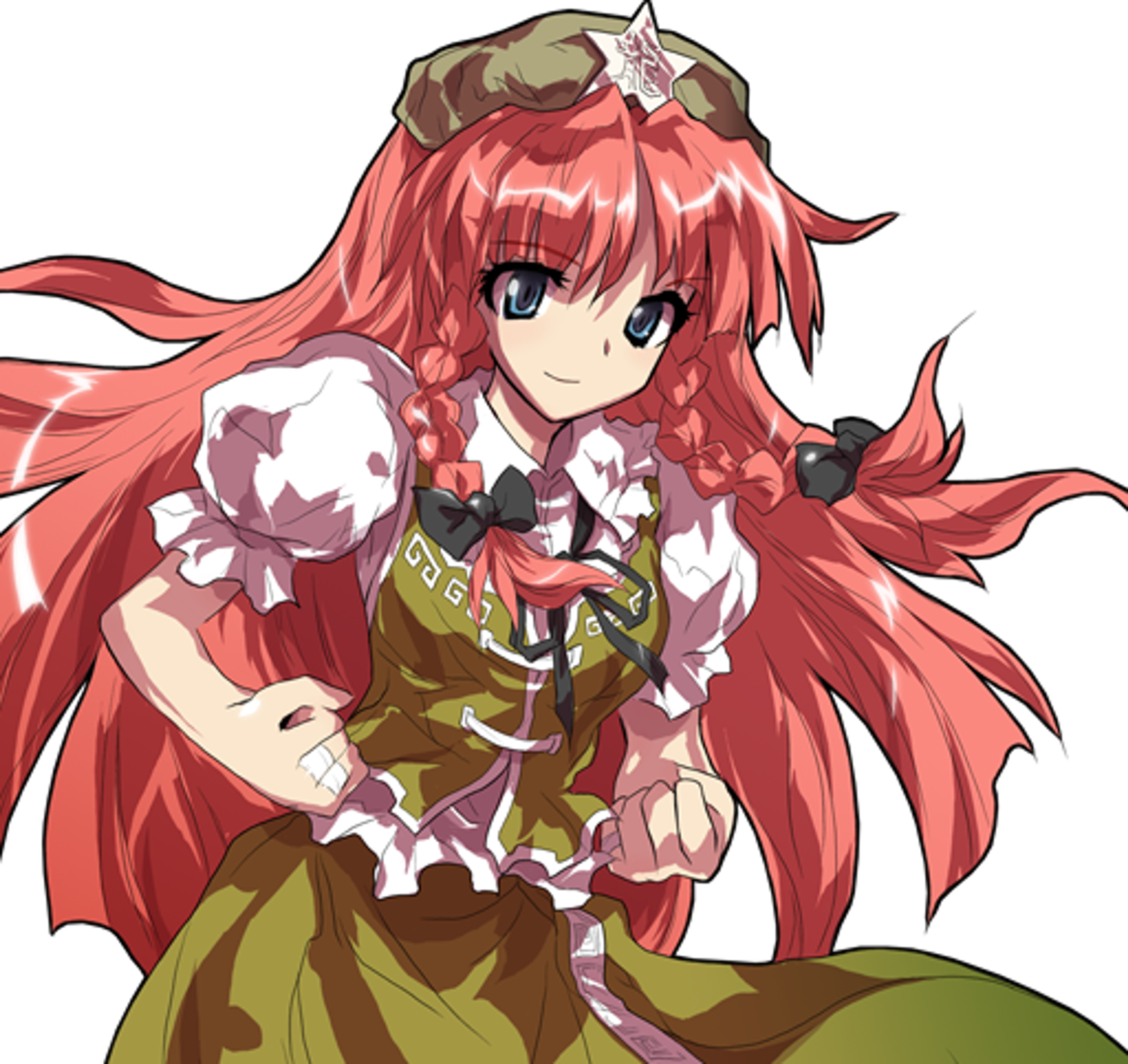A vibrant, martial arts-focused character with scarlet hair and a green Chinese-style outfit