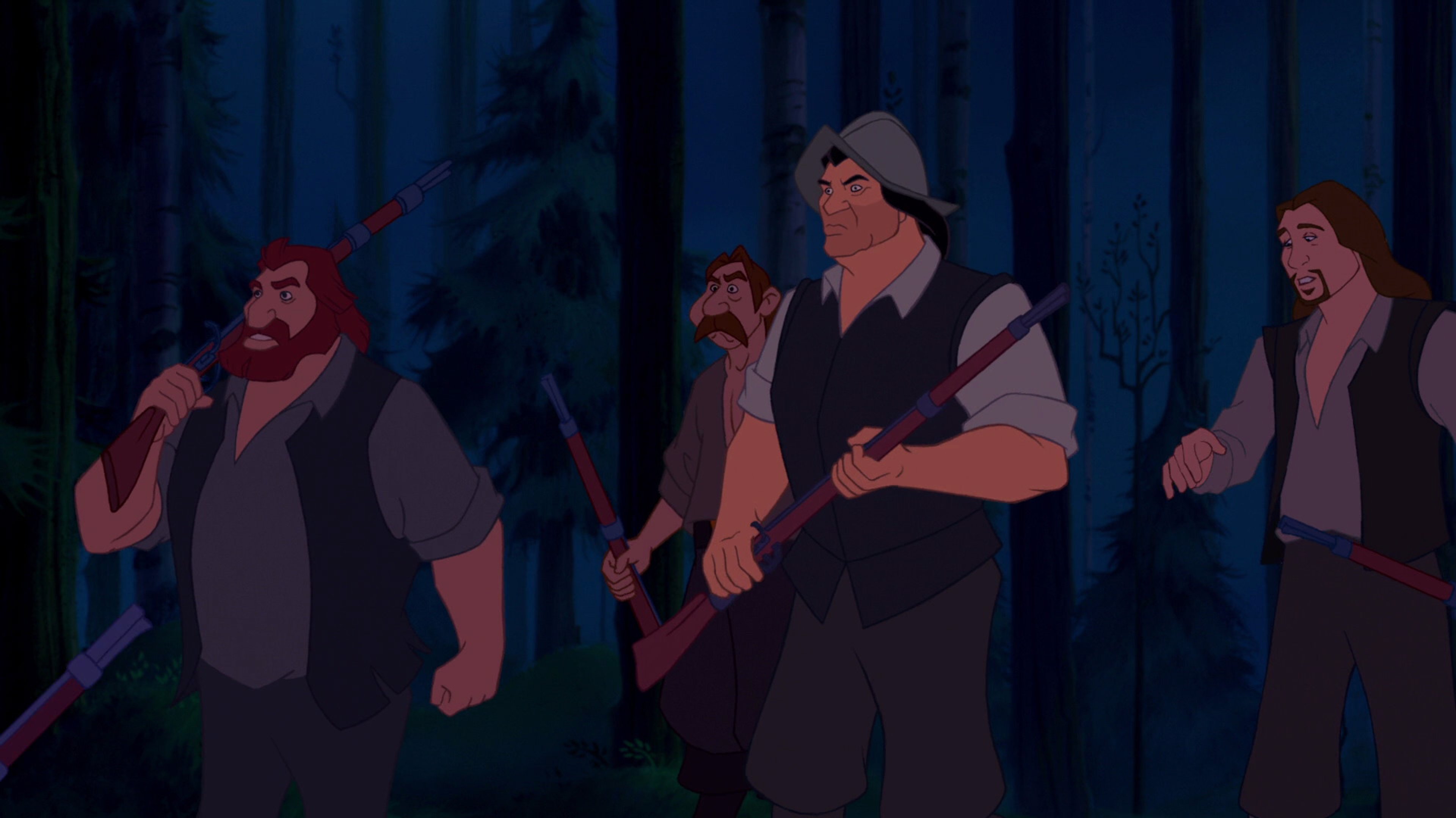 A group of colonial settlers, including a gruff-looking man with long dark hair.