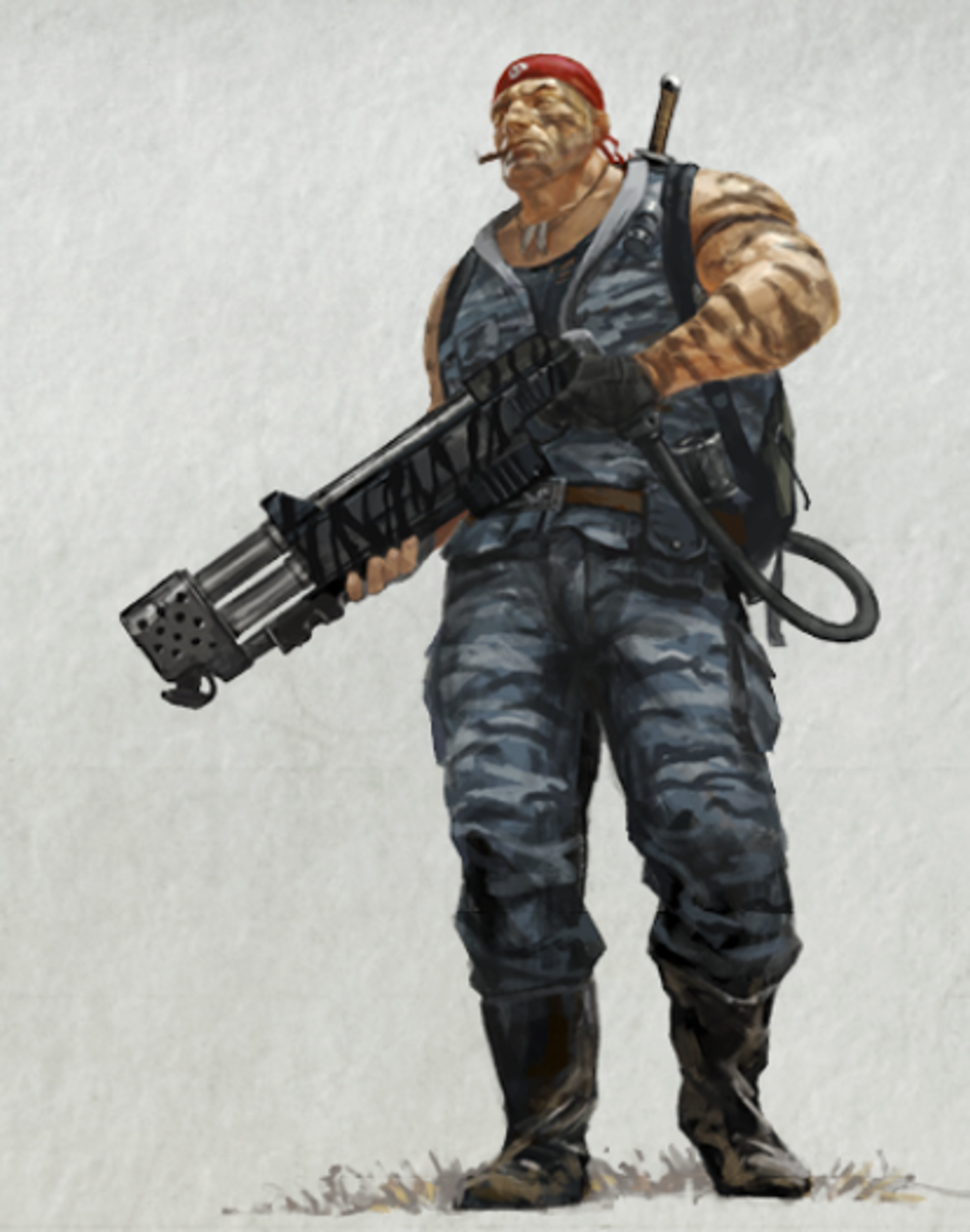 A muscular, heavily scarred man in military gear holding a large firearm