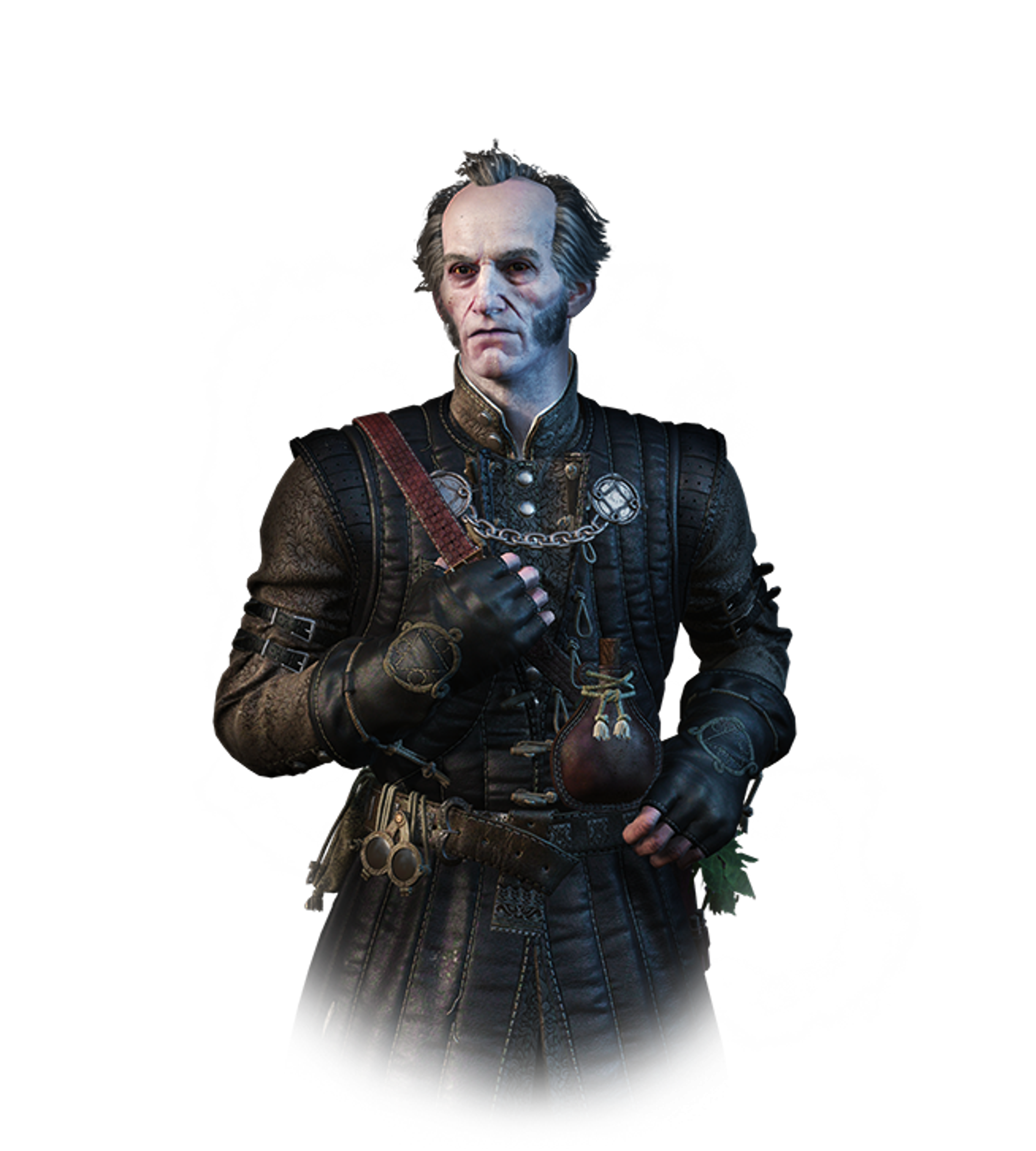 A refined, intelligent-looking man with gray hair wearing a dark outfit and holding a medical instrument