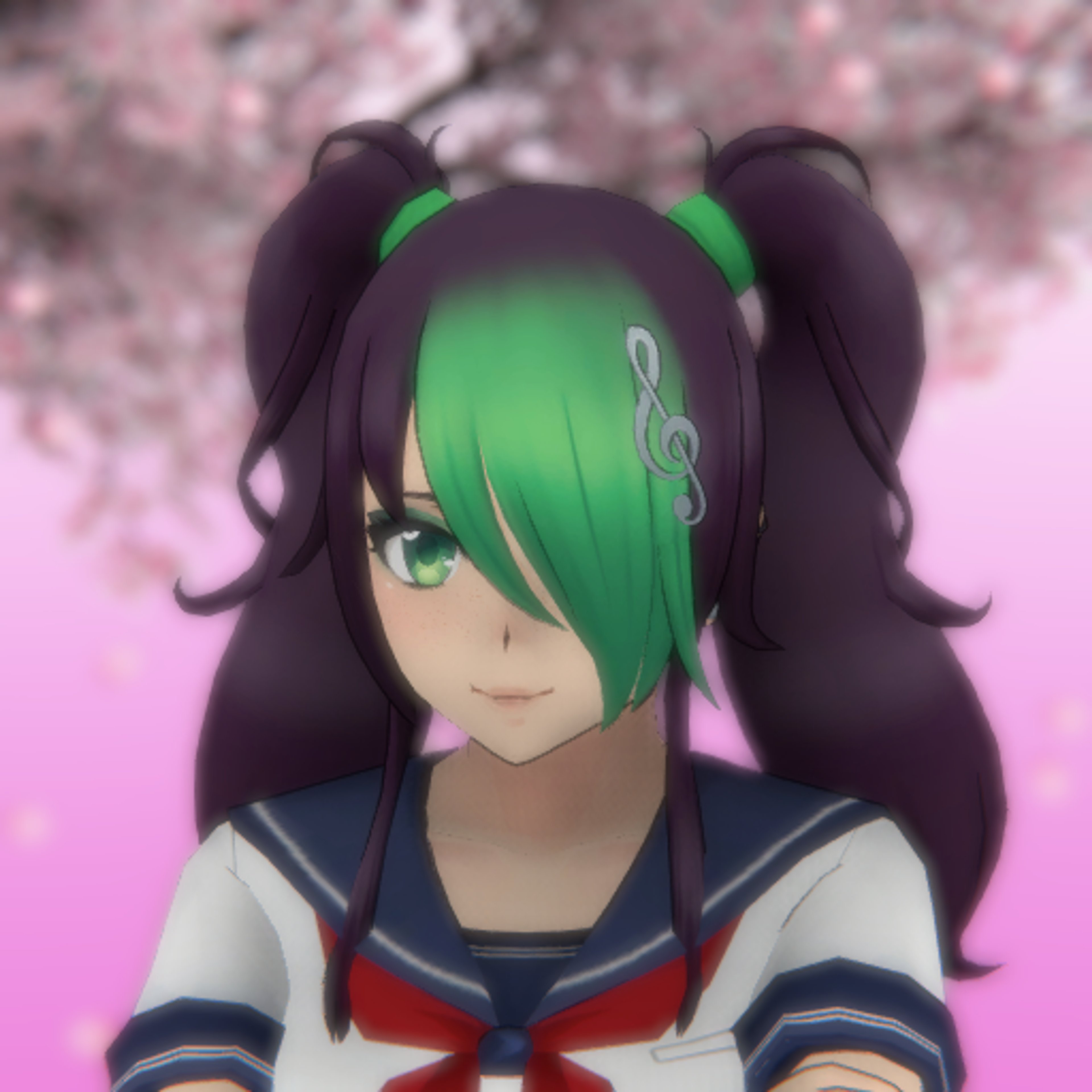 An anime-style character with green and purple hair in messy ponytails, wearing a school uniform.