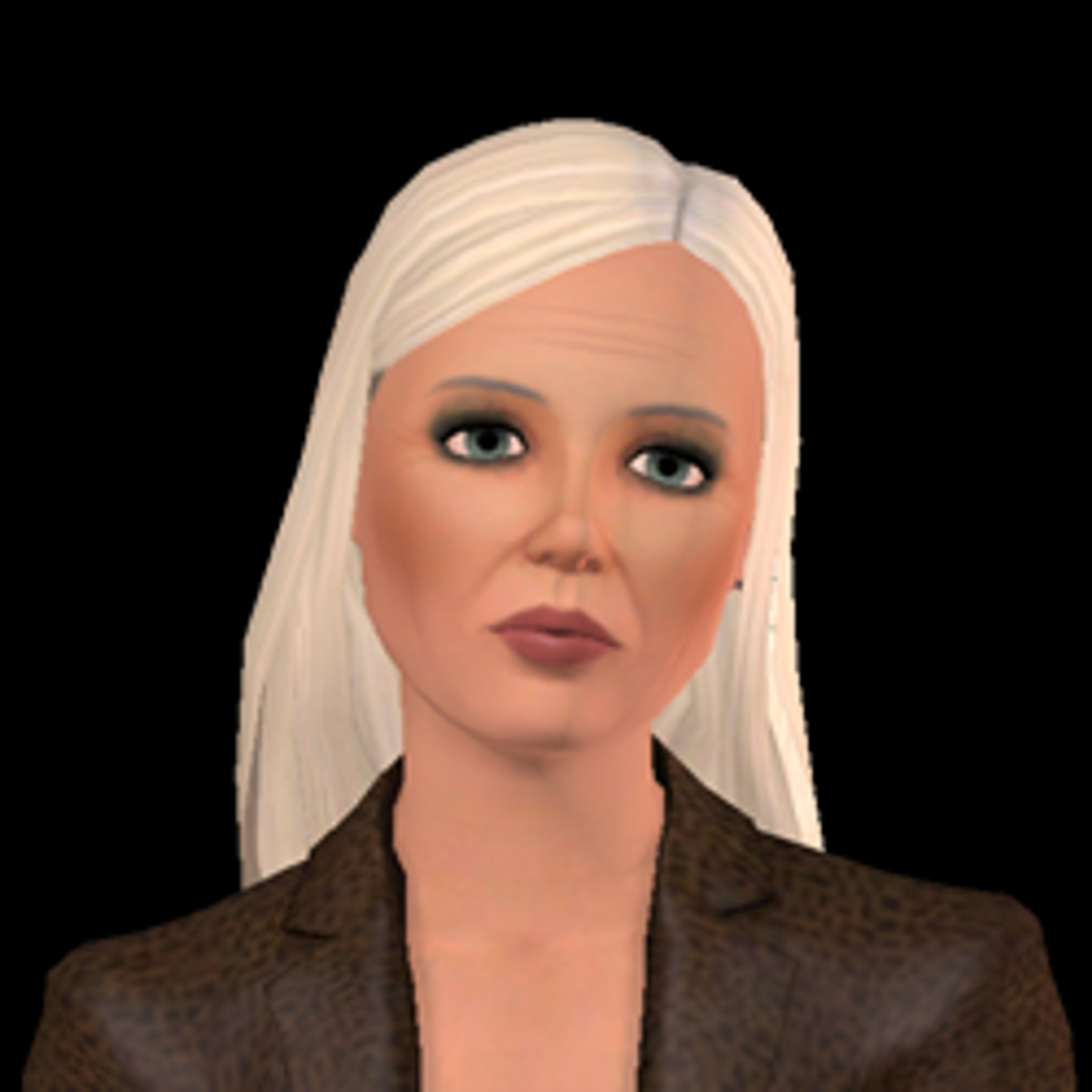 A woman with blonde hair and green eyes wearing a dark brown jacket