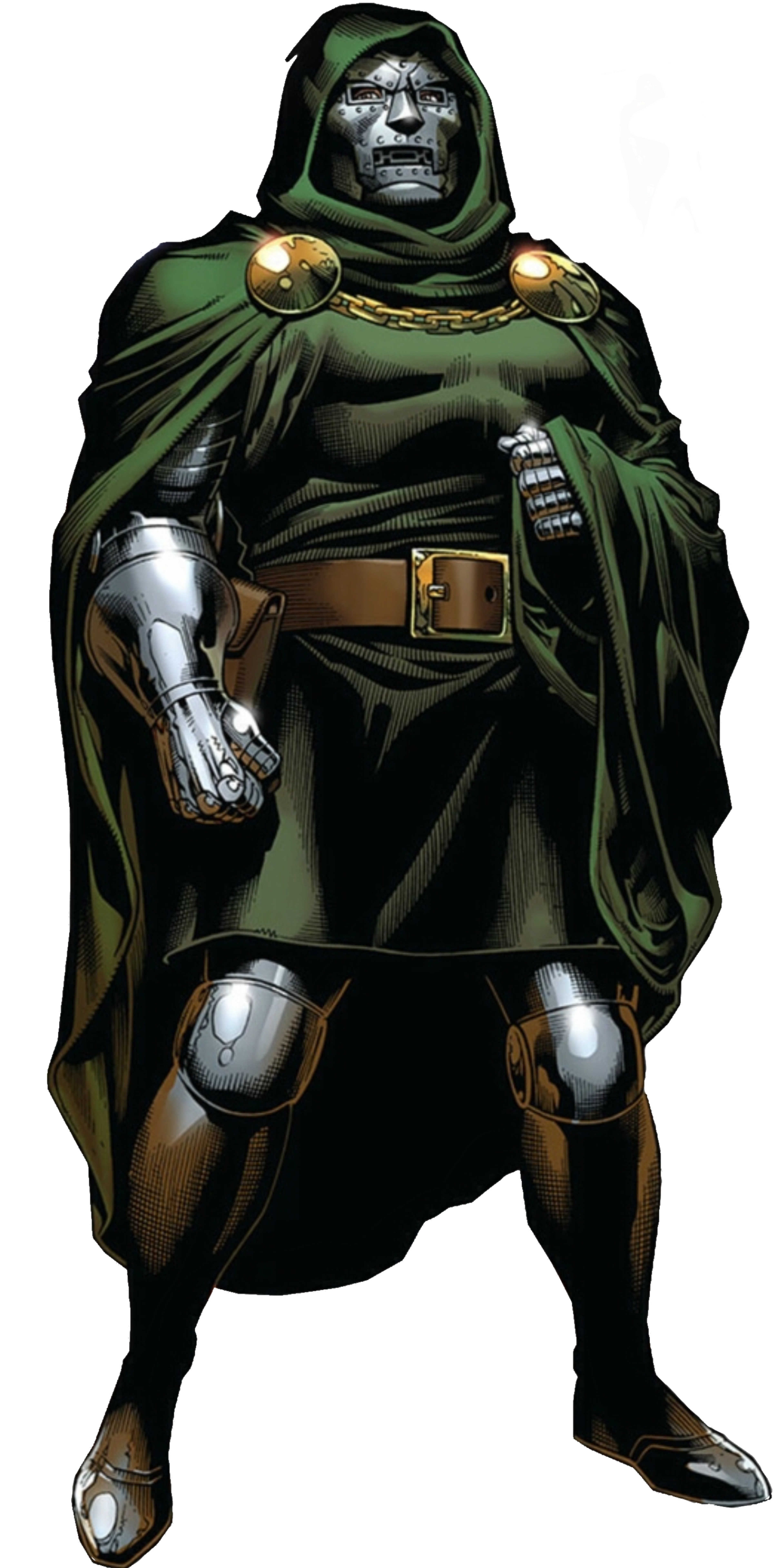 An illustration of the Marvel Comics supervillain Doctor Doom in his iconic green cloak and metal mask.