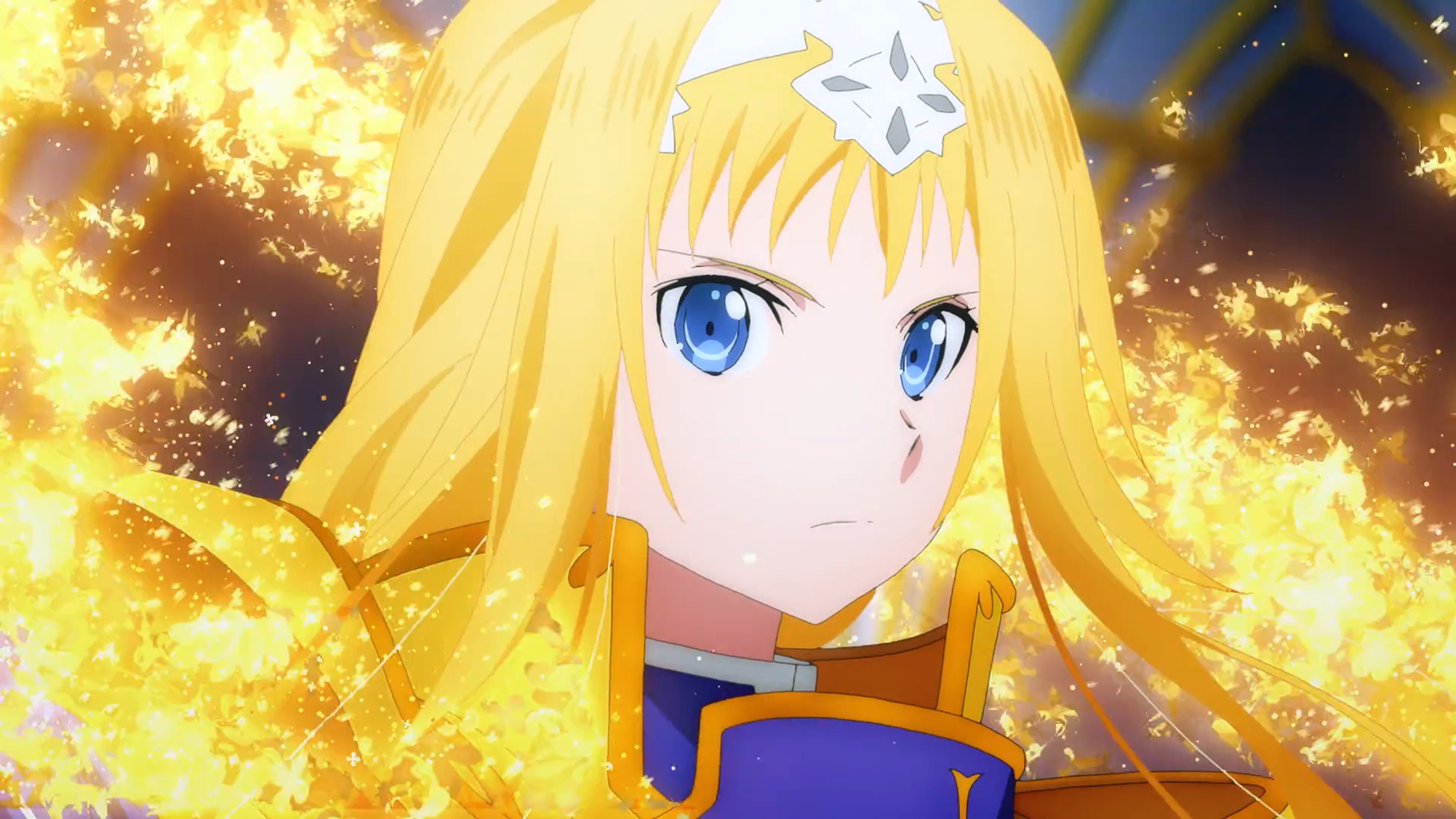 A young woman in golden armor with a long blonde braid and blue eyes