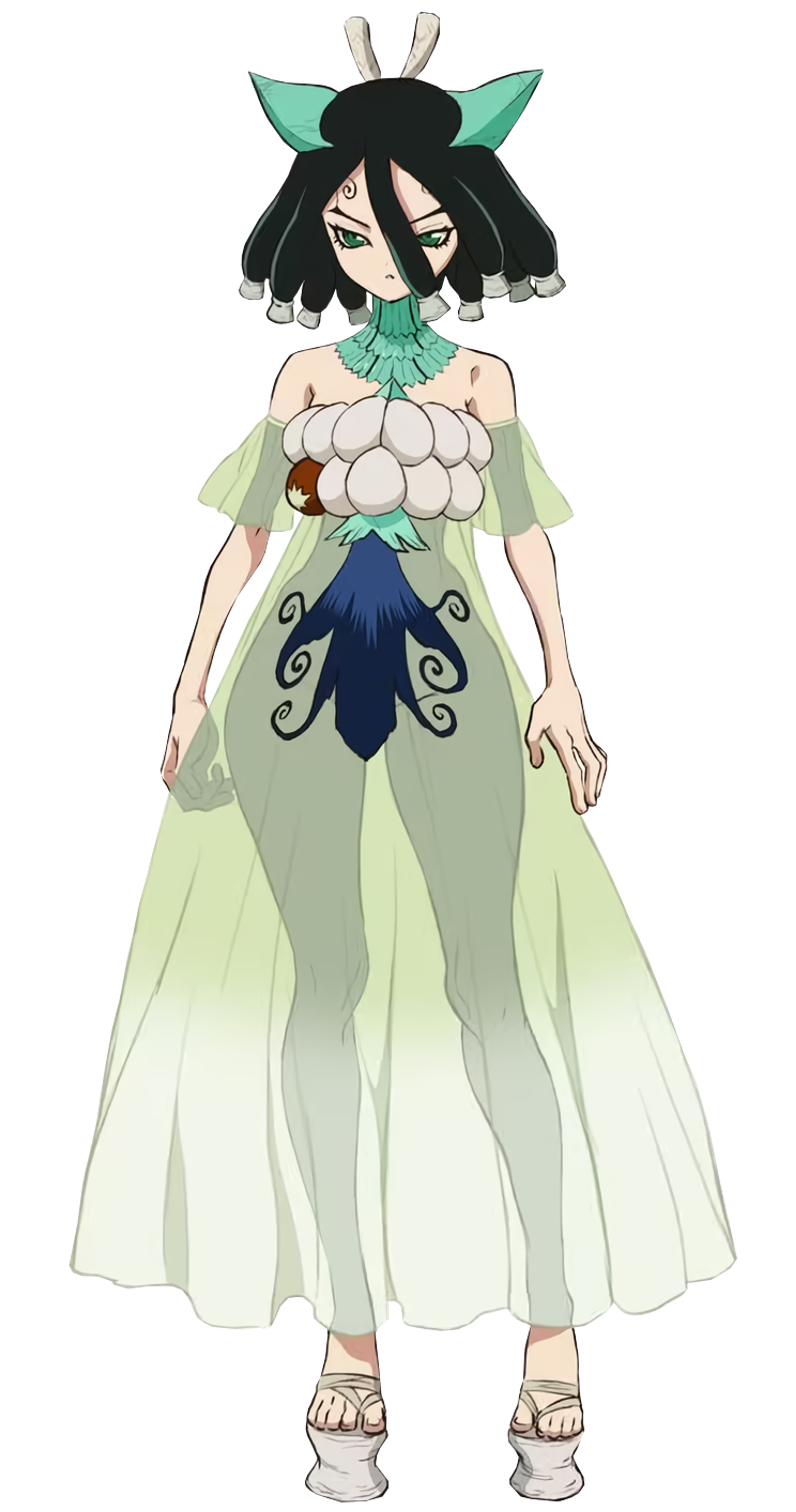 An anime-style character design of a young woman with long black hair, wearing a white dress with blue and green accents and a crown-like headpiece.