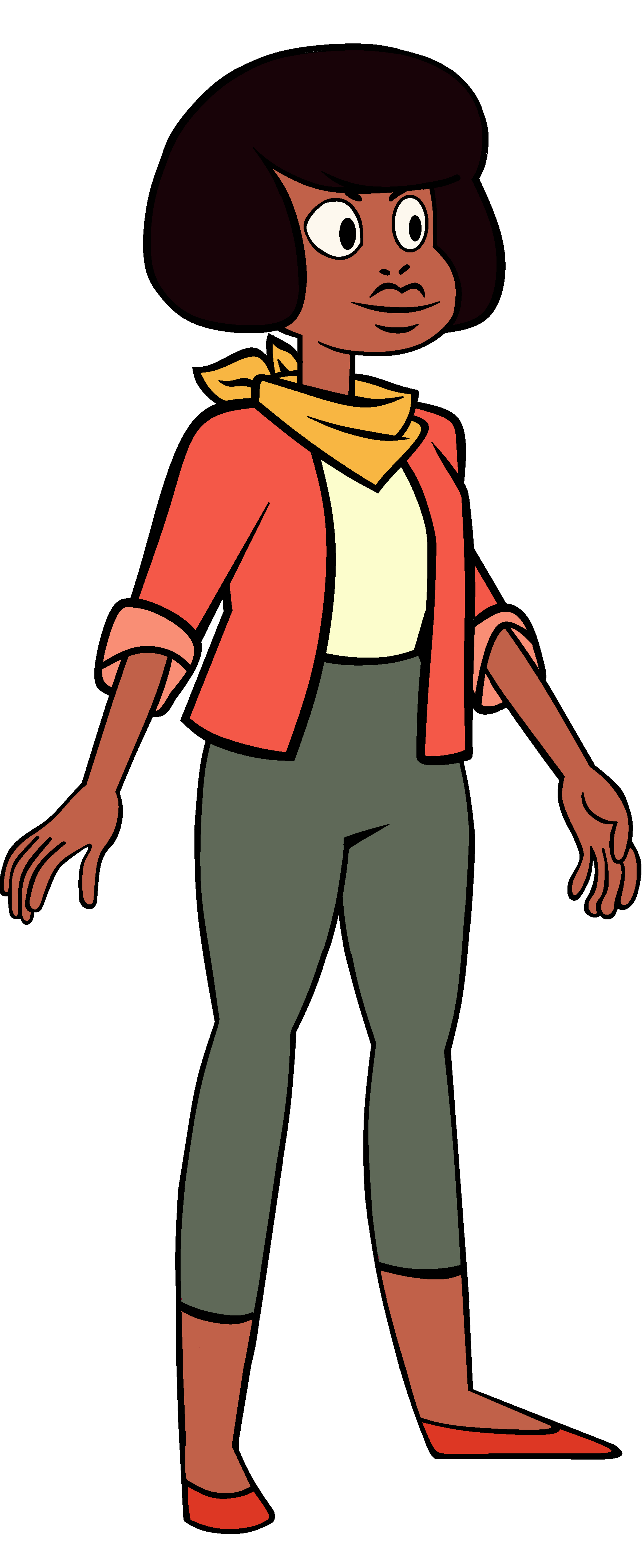 An animated cartoon character named Jenny Pizza, a teenage girl with dark skin, large eyes, and curly dark hair, wearing a red jacket, white shirt, and gray pants.