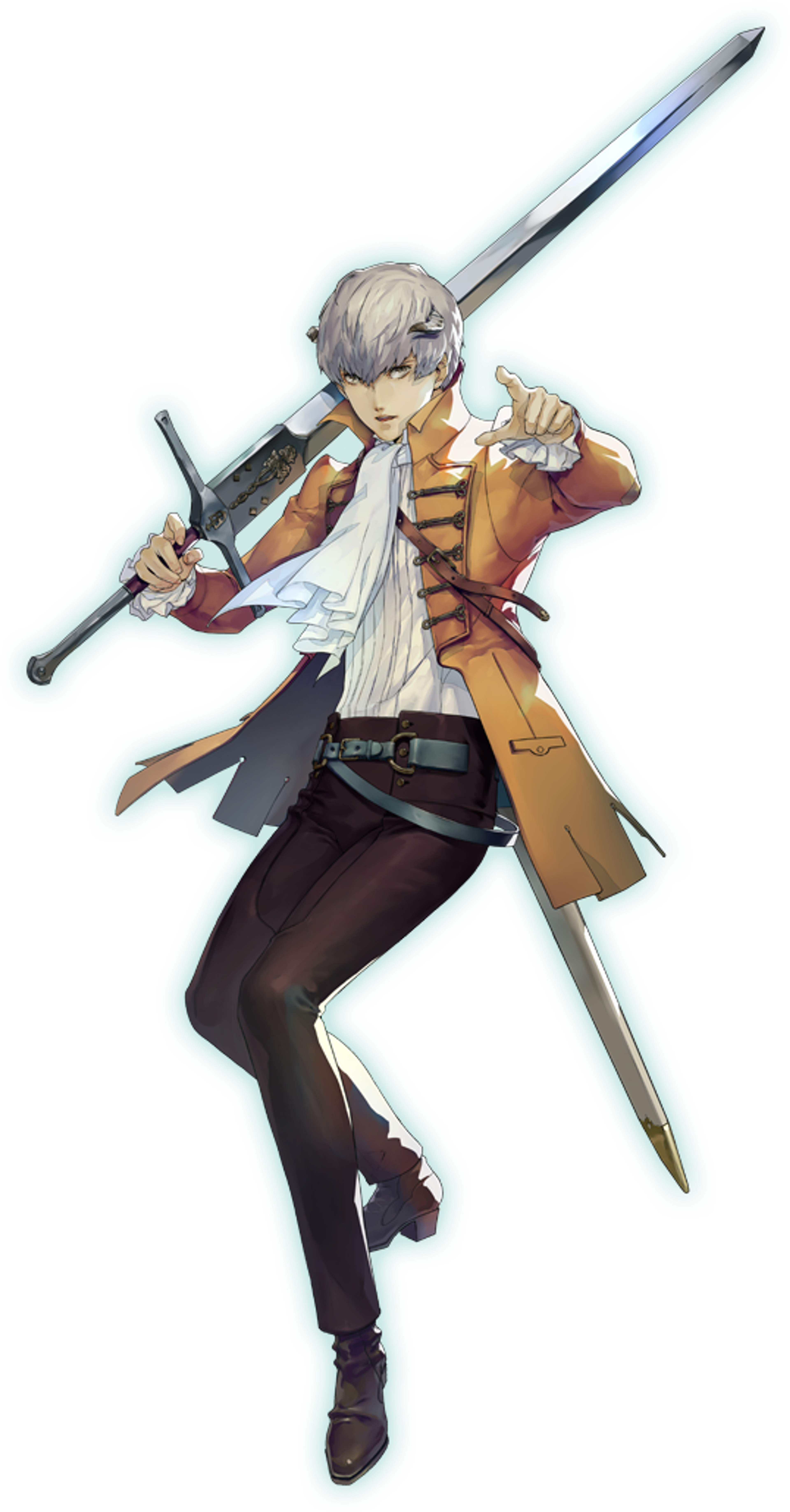 A fantasy character with silver hair, horns, and a sword