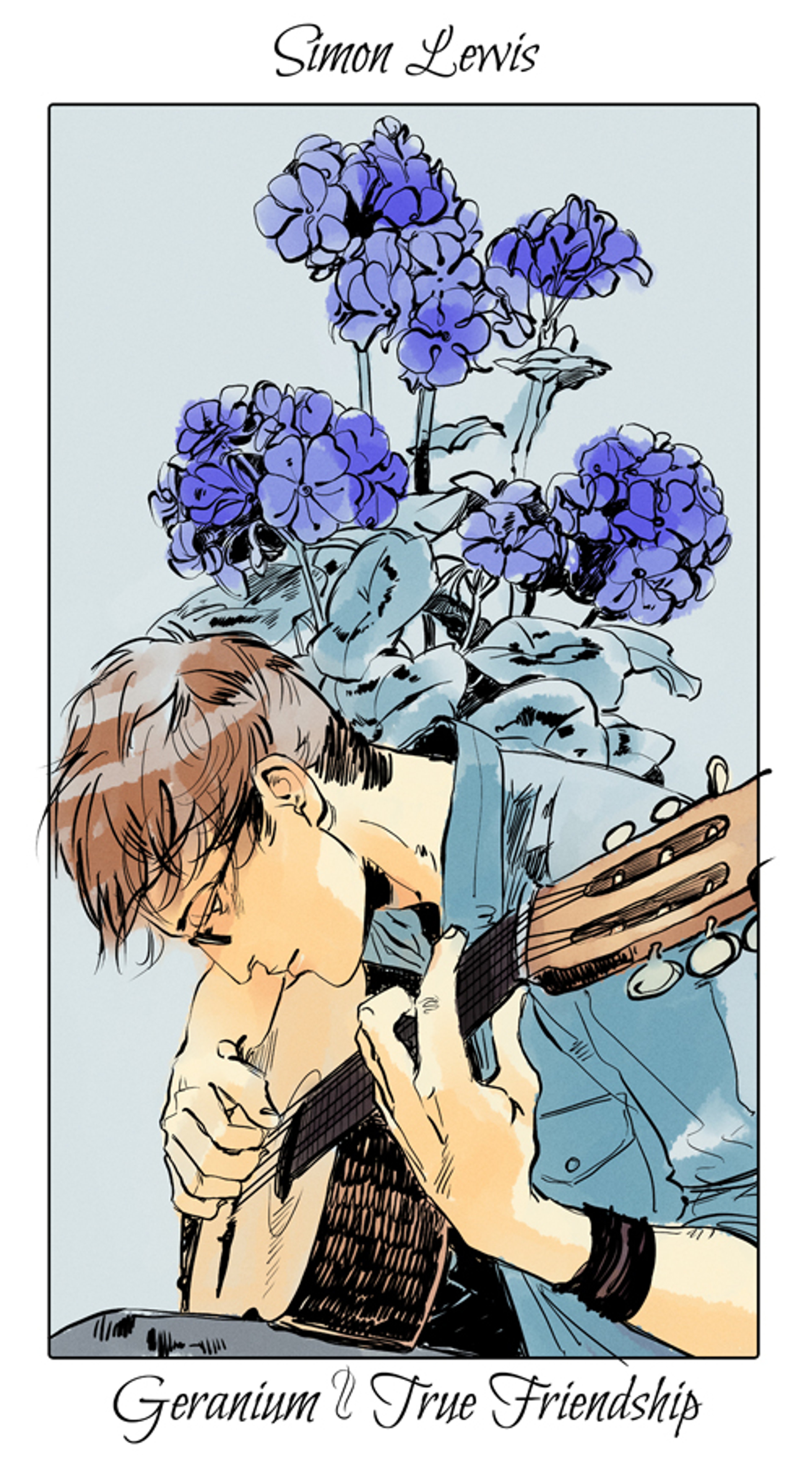 A young man with brown hair holding a guitar, surrounded by purple and blue flowers.