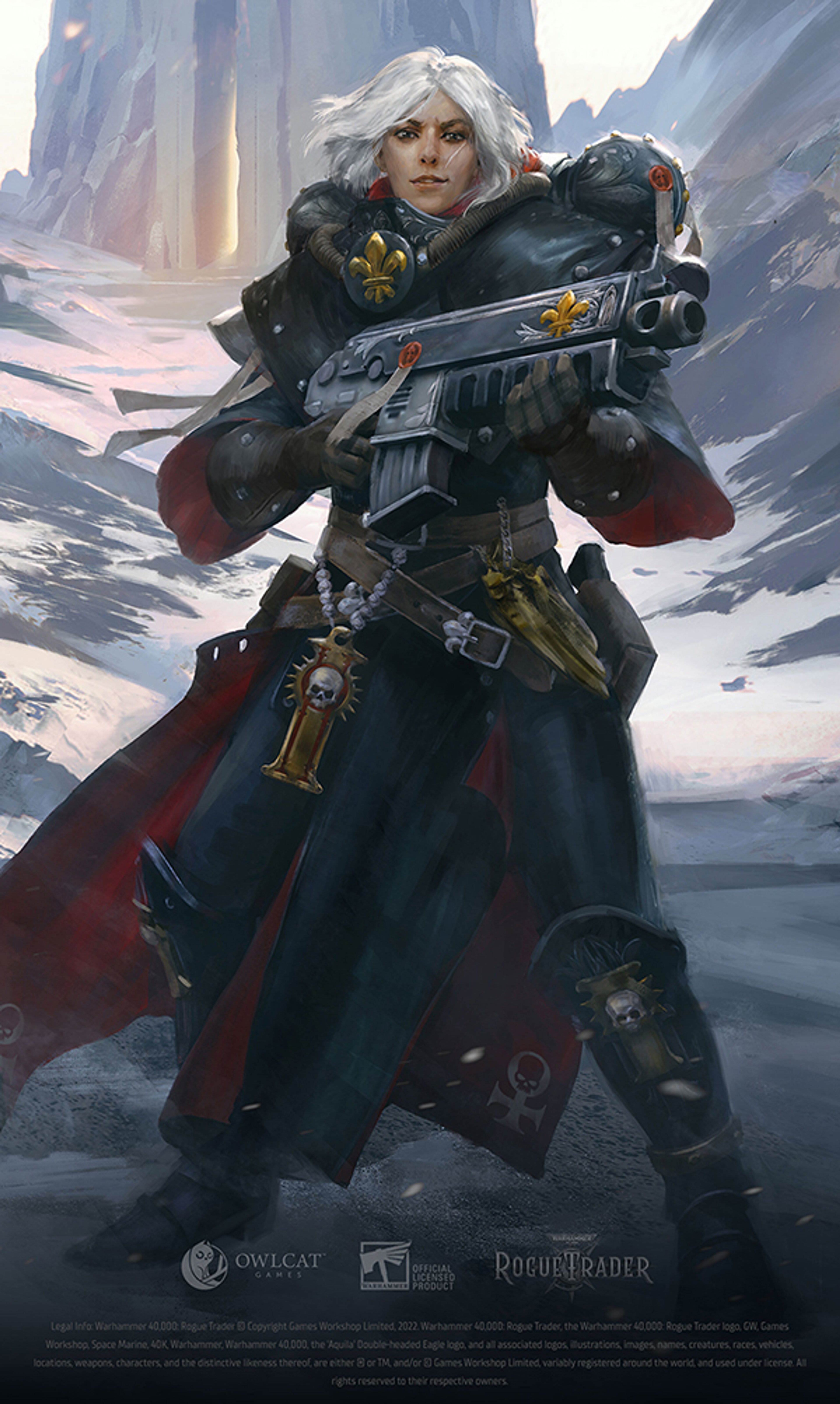 A female warrior in crimson power armor holding a large bolter weapon in a snowy, mountainous landscape.