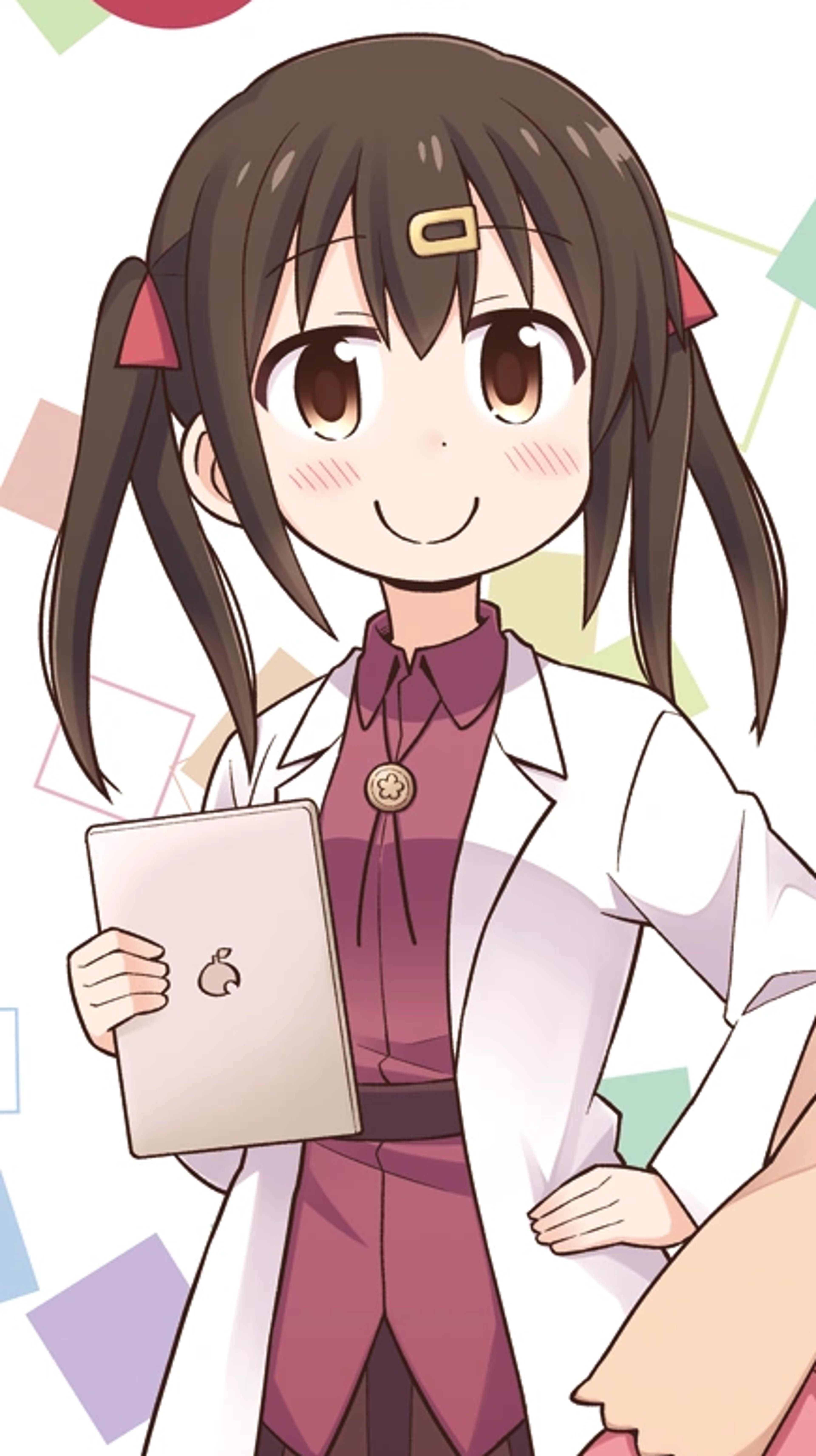 A young woman with long dark hair holding a tablet device and smiling