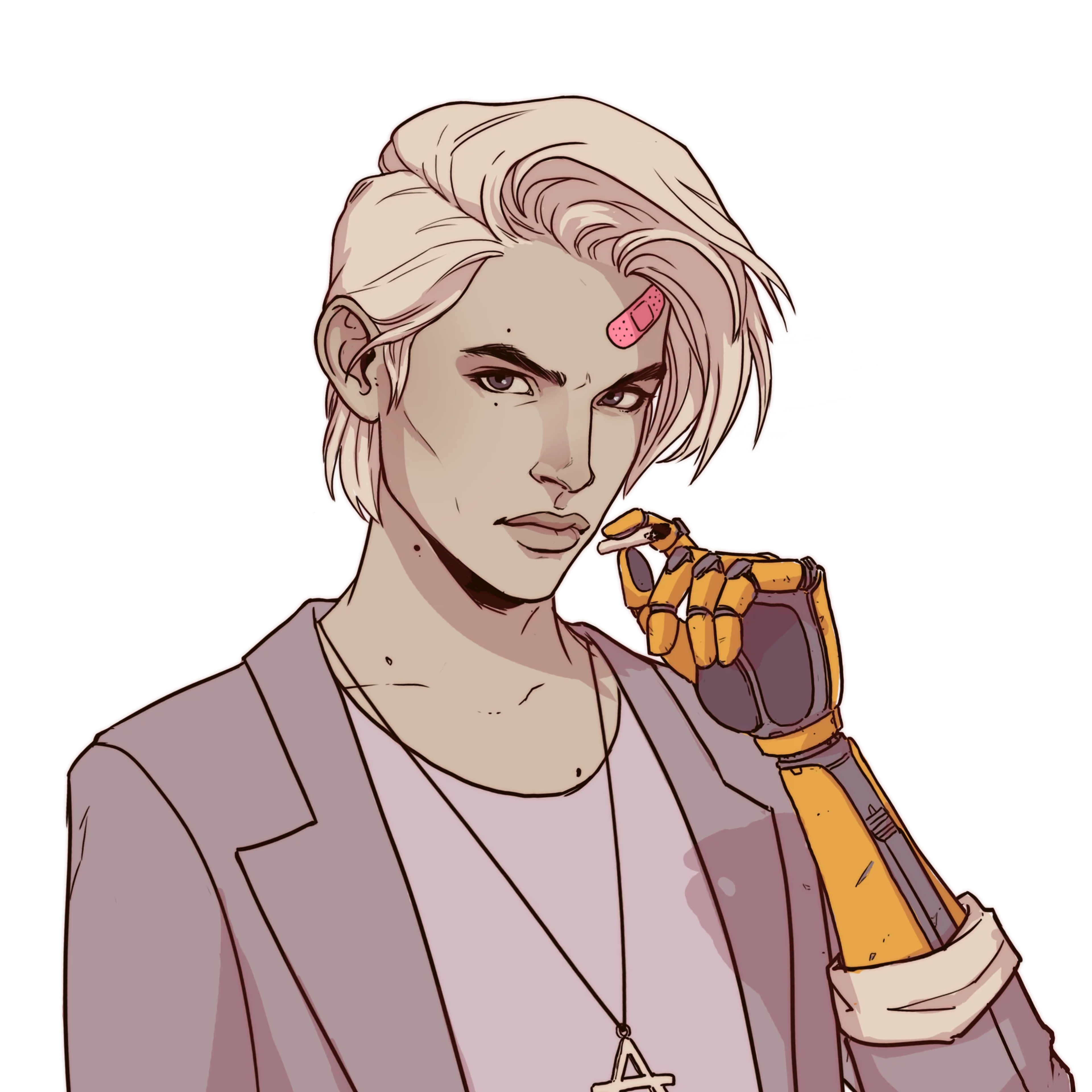 A non-binary character with a mechanical arm and blonde hair