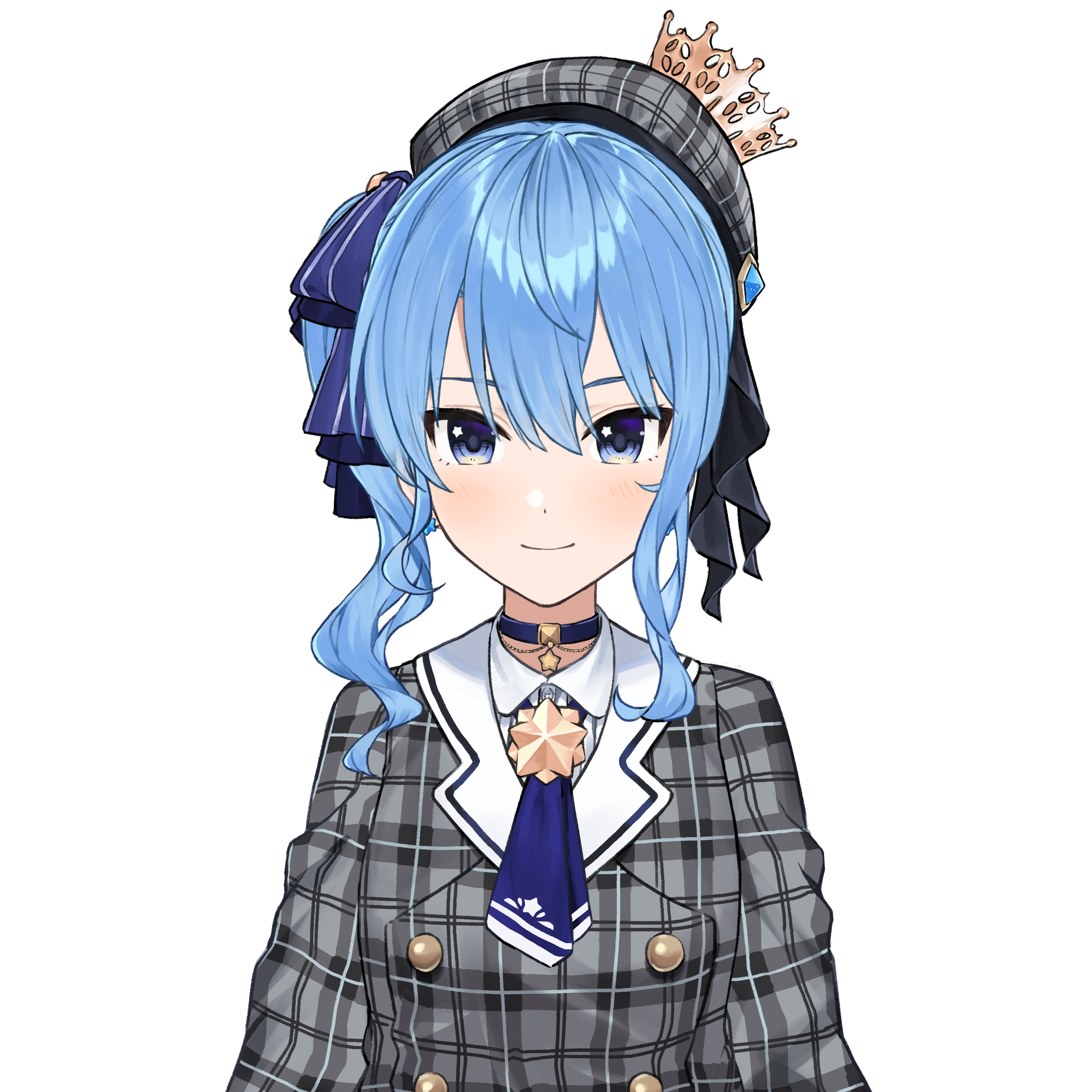 An anime-style virtual idol character with blue hair and a school uniform