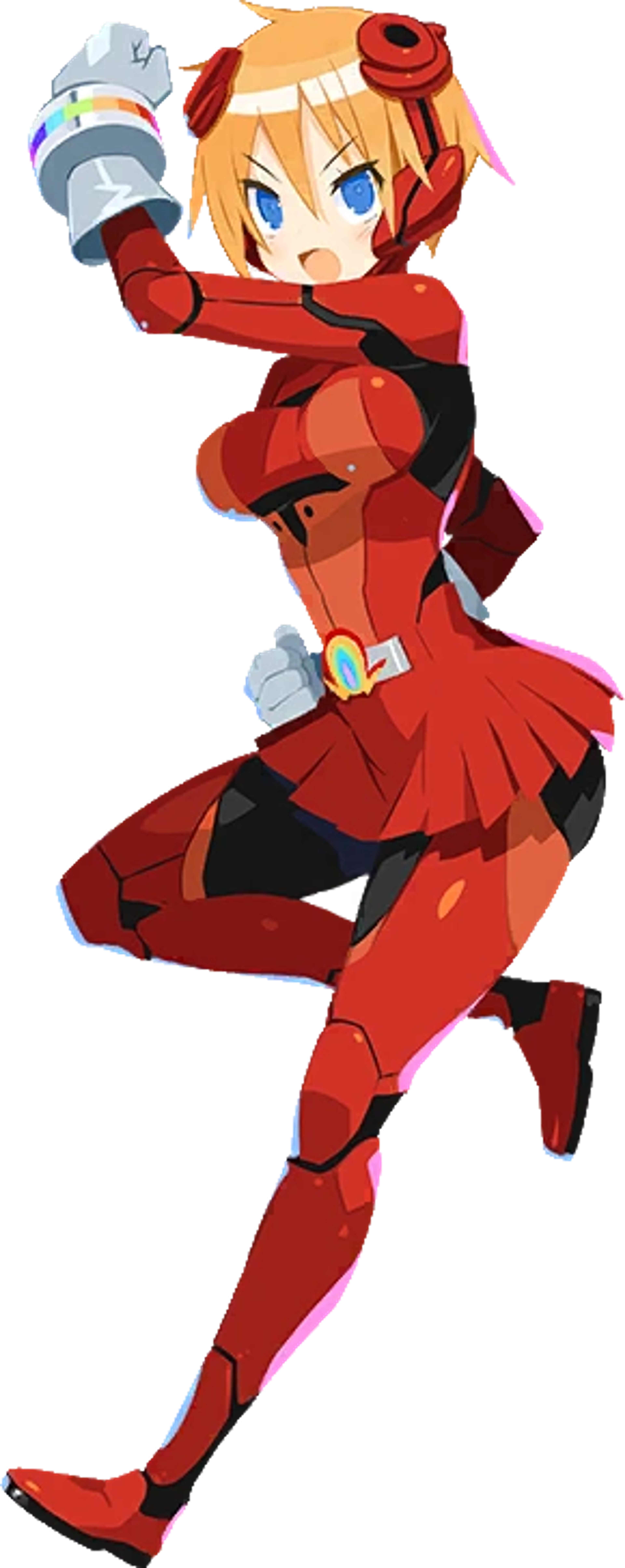 A young anime-style female hero in a red and black bodysuit, posed in an action-ready stance.