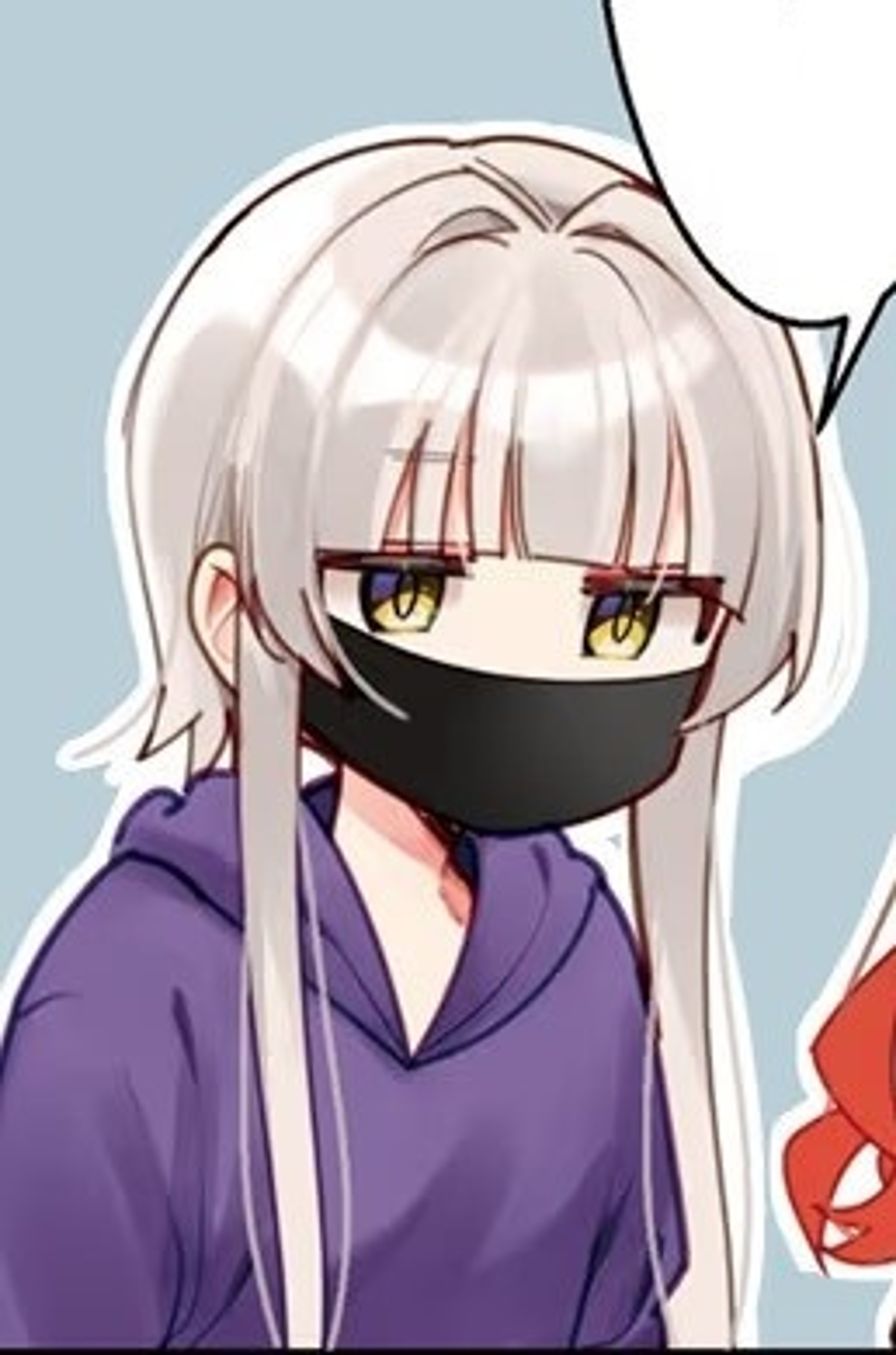 An anime-style character with silver hair wearing a purple hooded jacket and a mask covering their face