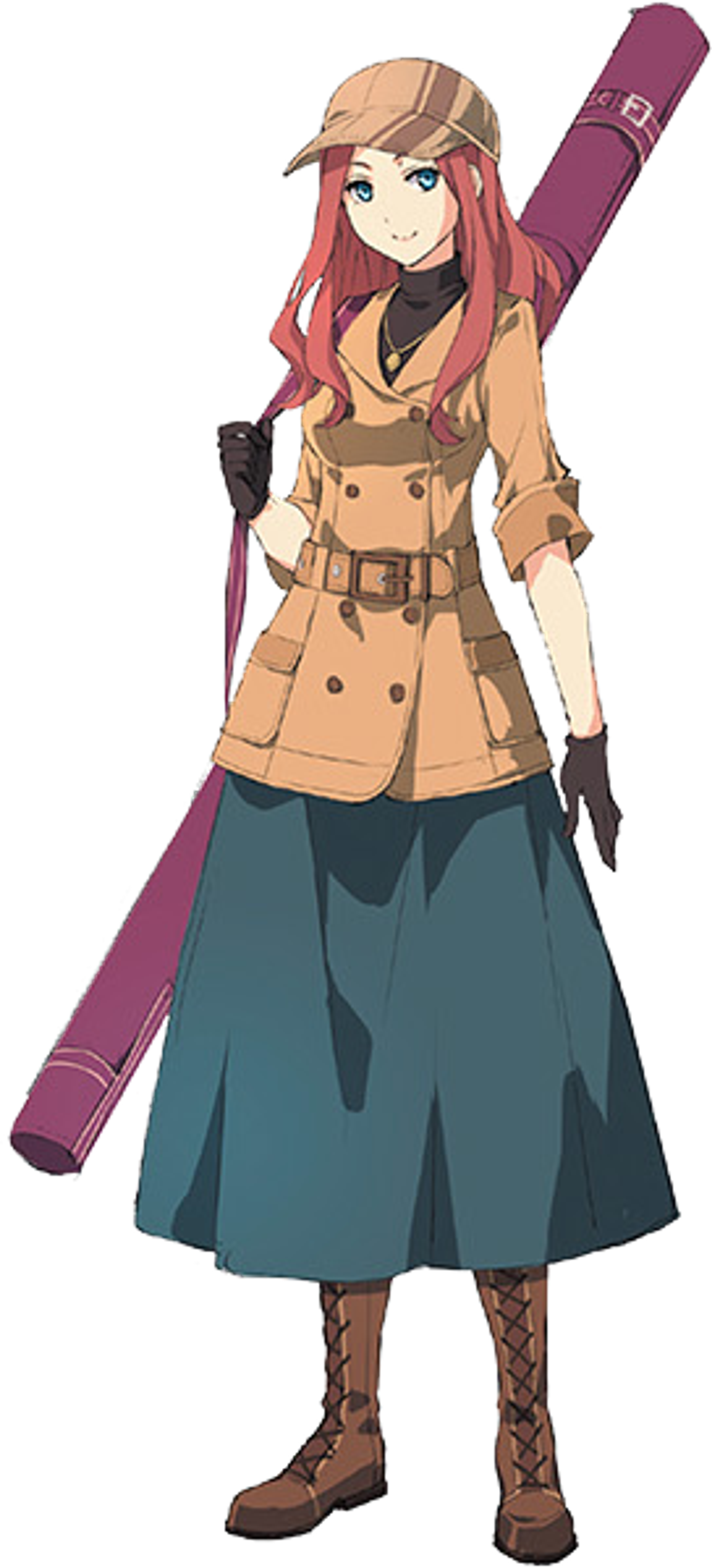 A young woman with long reddish-brown hair wearing a tan jacket, black top, and green skirt, holding a fishing rod with a determined expression.