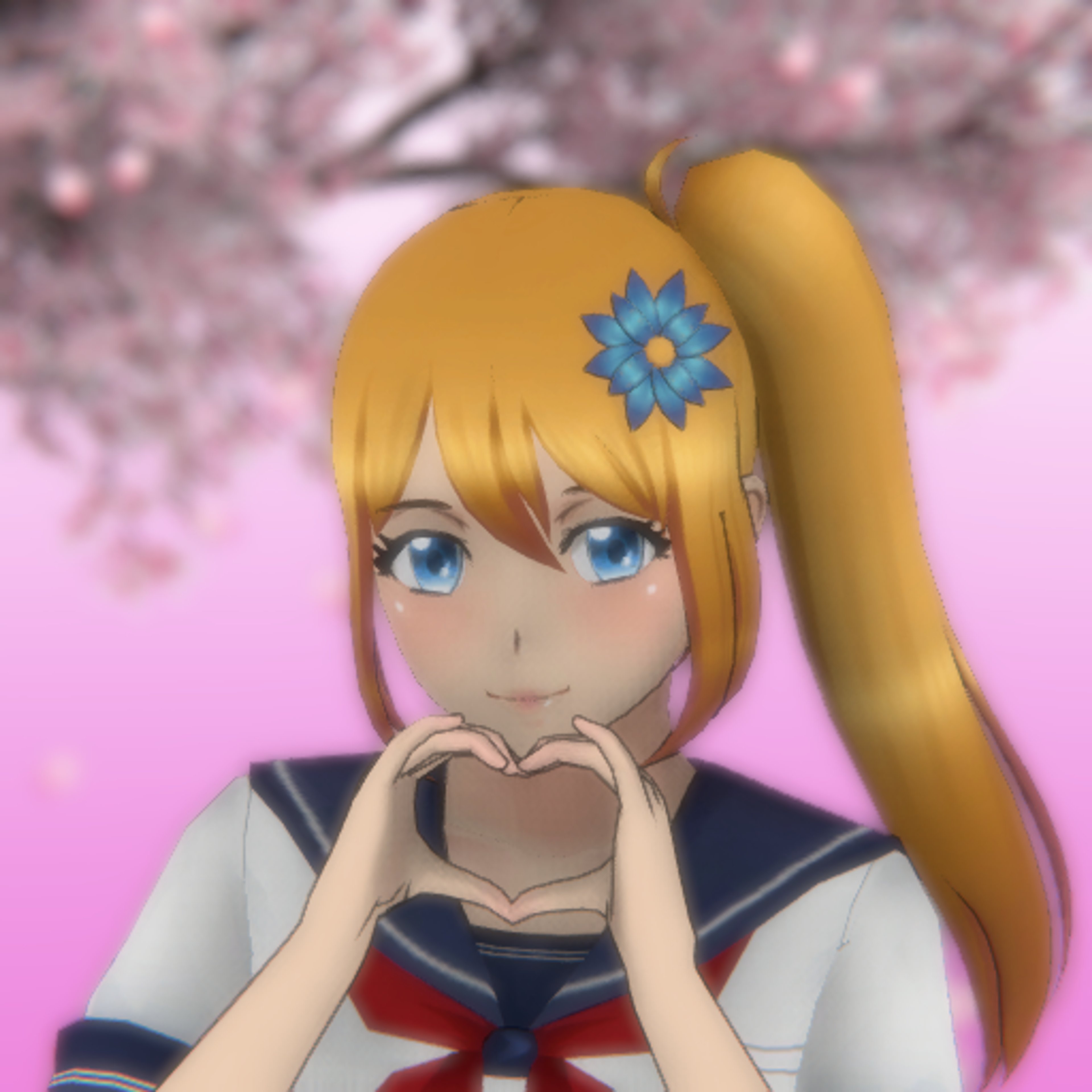 An anime-style character with long blonde hair and blue eyes, wearing a school uniform with a blue bow tie and a cheerful expression.