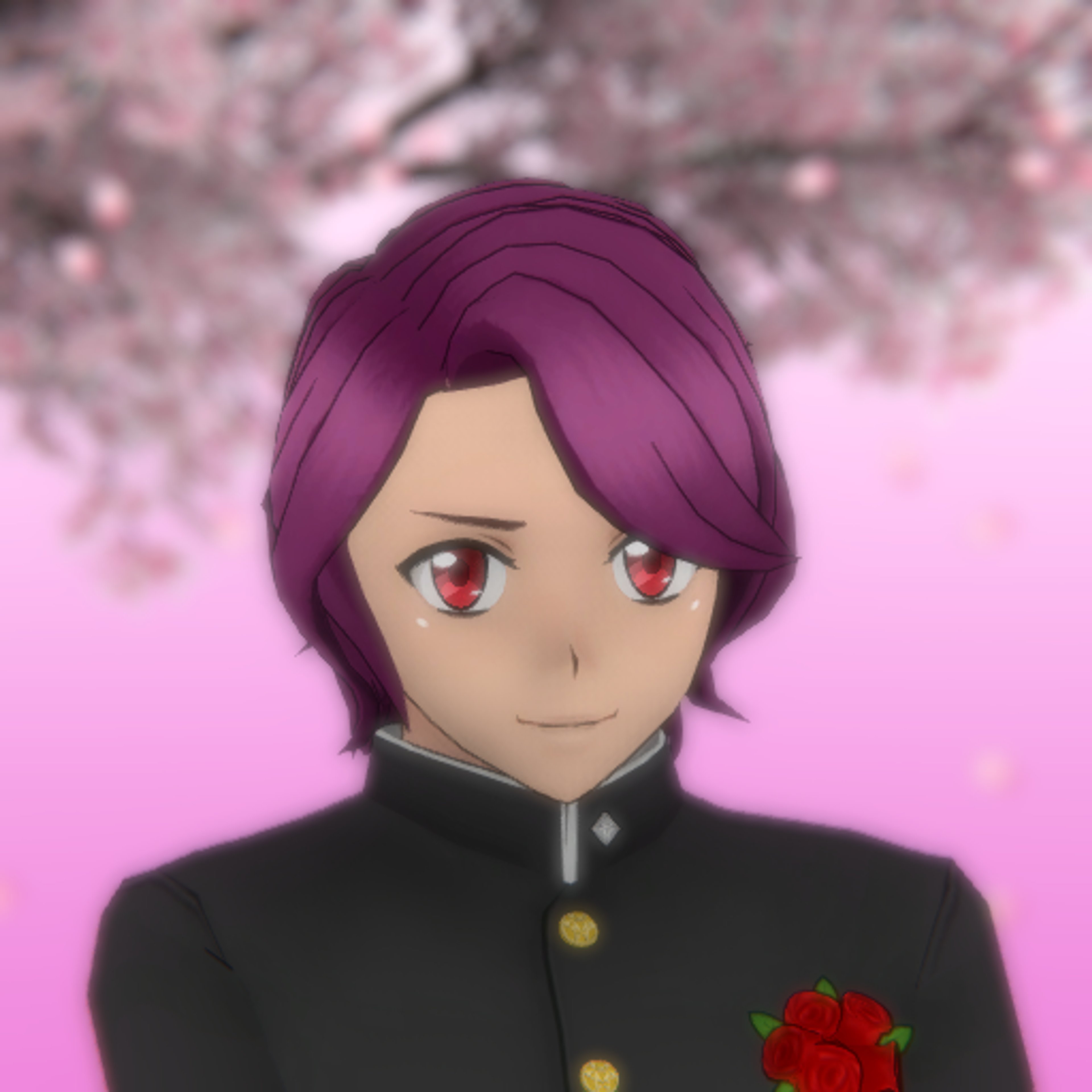 An anime-style character with purple hair and red eyes wearing a school uniform