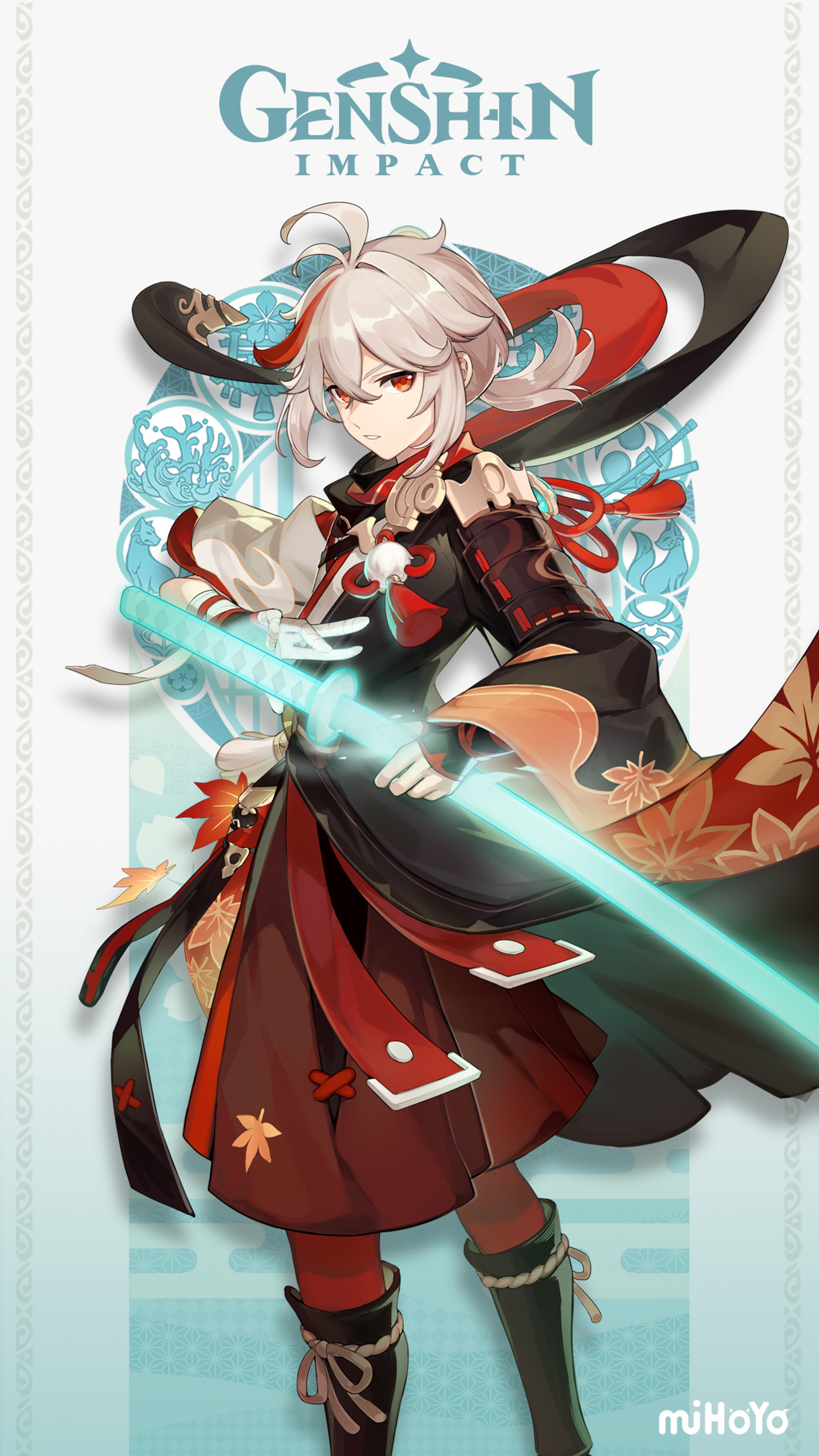 An anime-style character with long, light-colored hair wielding a sword and surrounded by wind and elemental effects.
