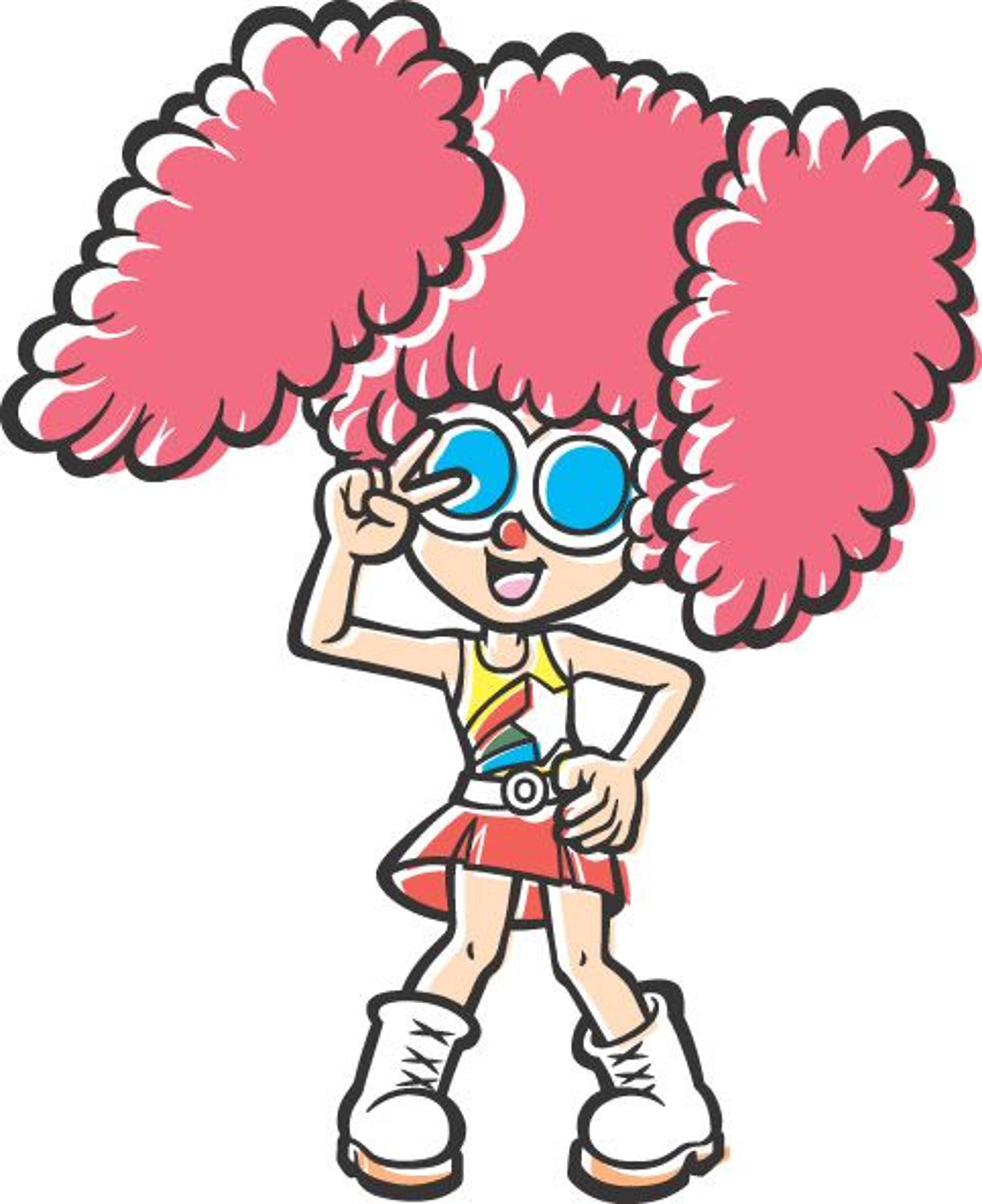 A cartoon character with a pink afro and energetic expression