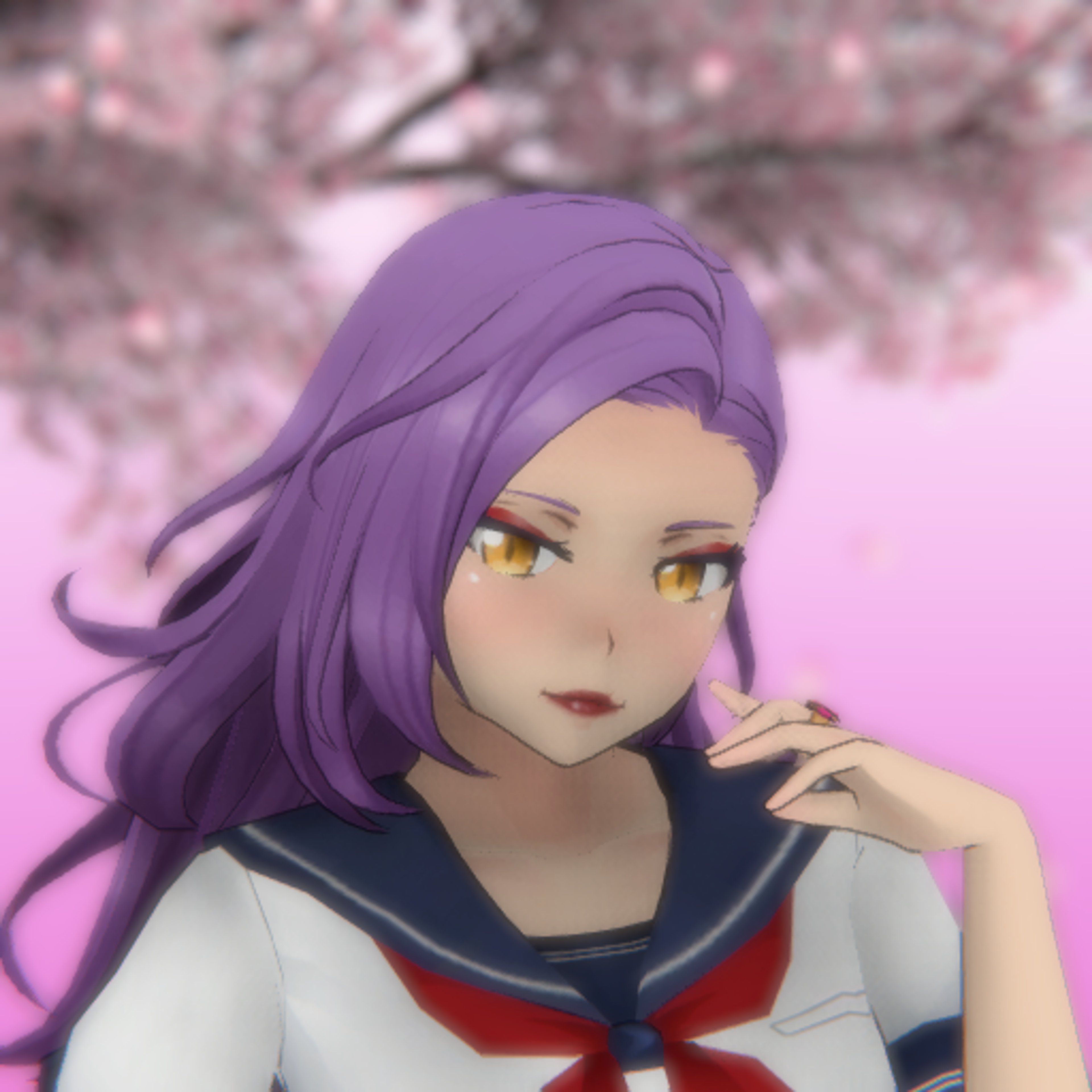 A young woman with lavender hair and golden eyes wearing a school uniform with spider-web stockings and a golden ring