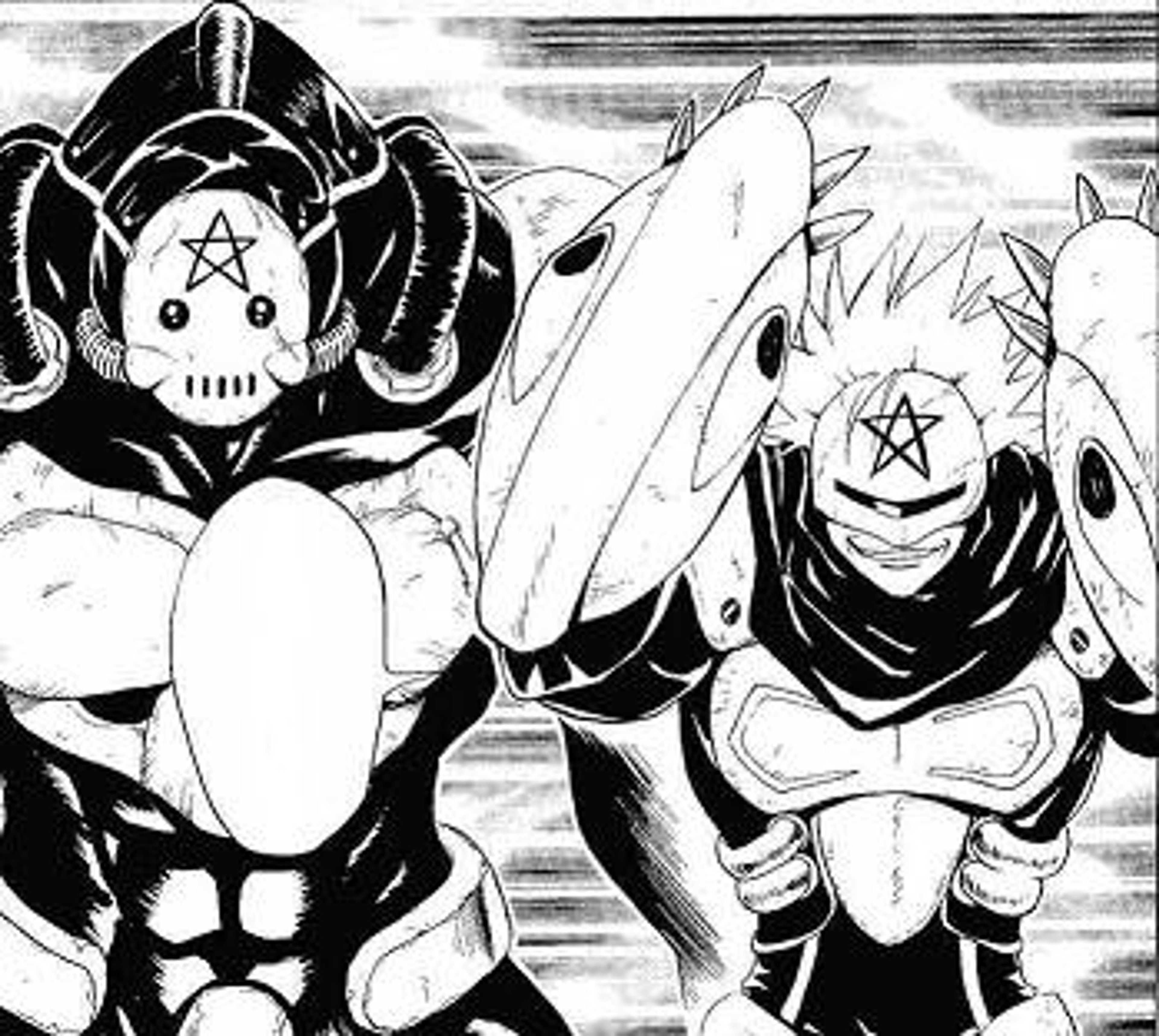 Two heavily augmented cyborg characters in black uniforms with masks