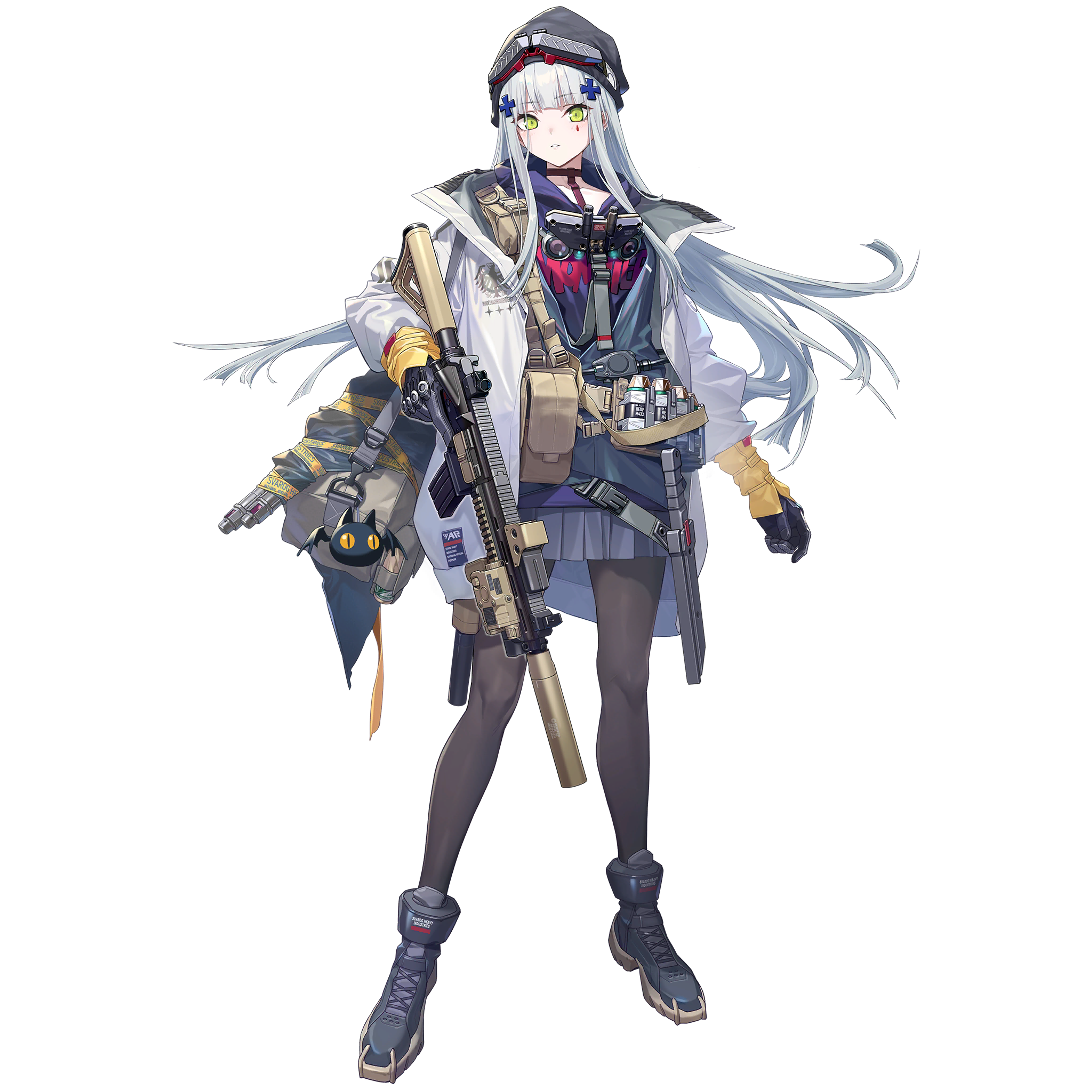 A female mercenary T-Doll character with silver-white hair, blue eyes, and a serious expression, wearing a dark gray military uniform and carrying a sniper rifle and grenade launcher.