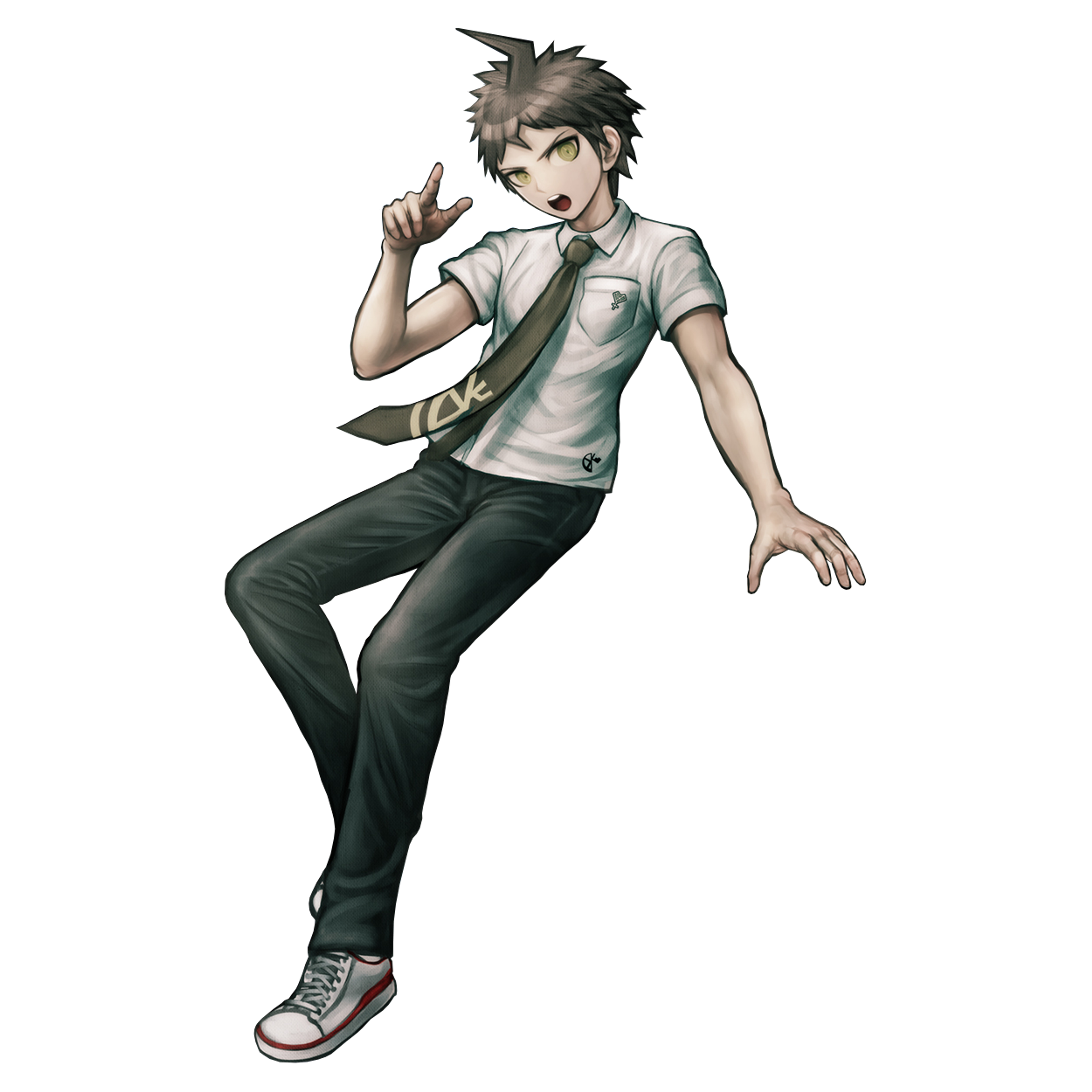 An anime-style character with spiky light hair wearing a green shirt and jeans