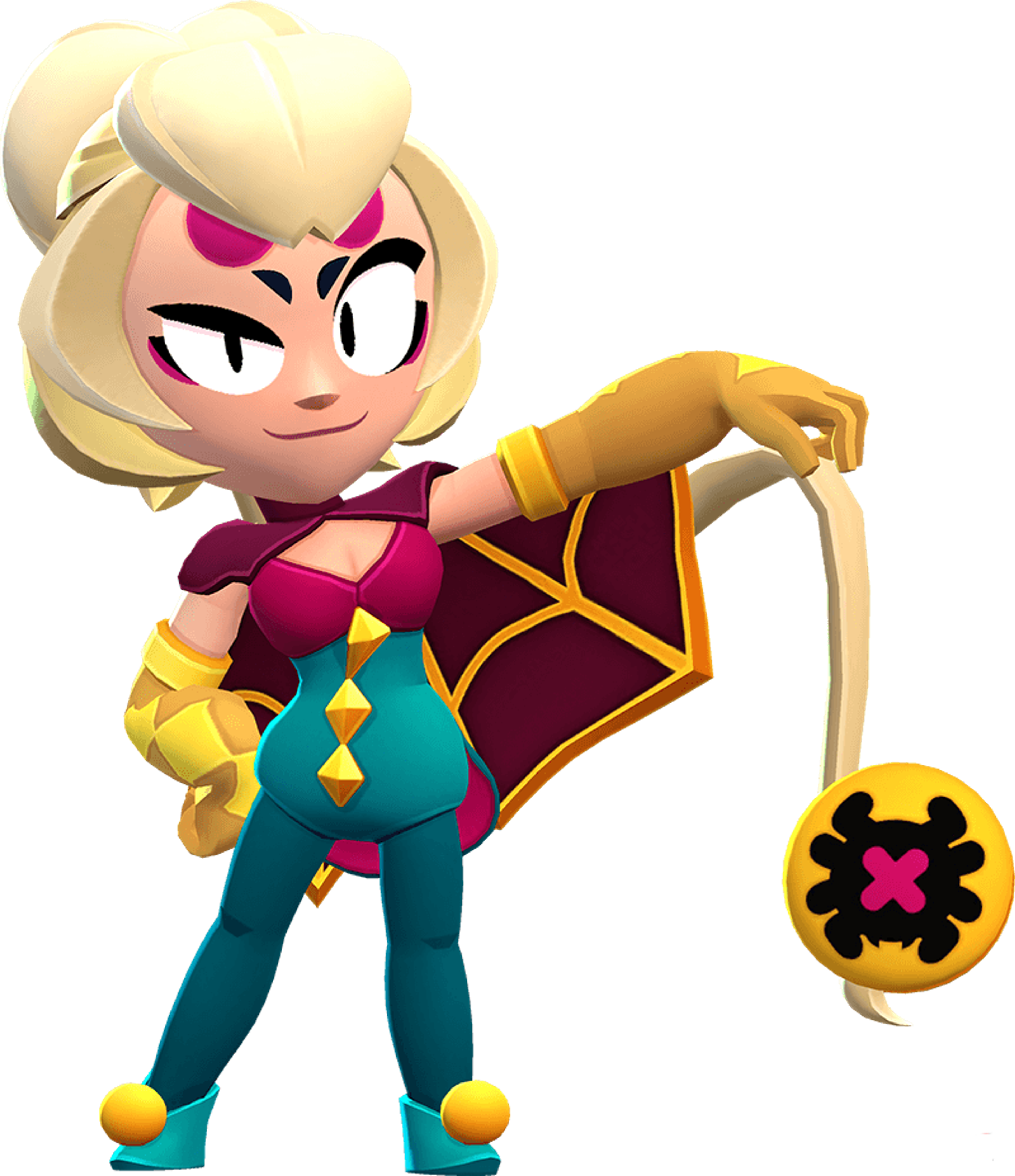 A cartoon character named Charlie, a female brawler from the Brawl Stars mobile game universe, holding a large yo-yo weapon.