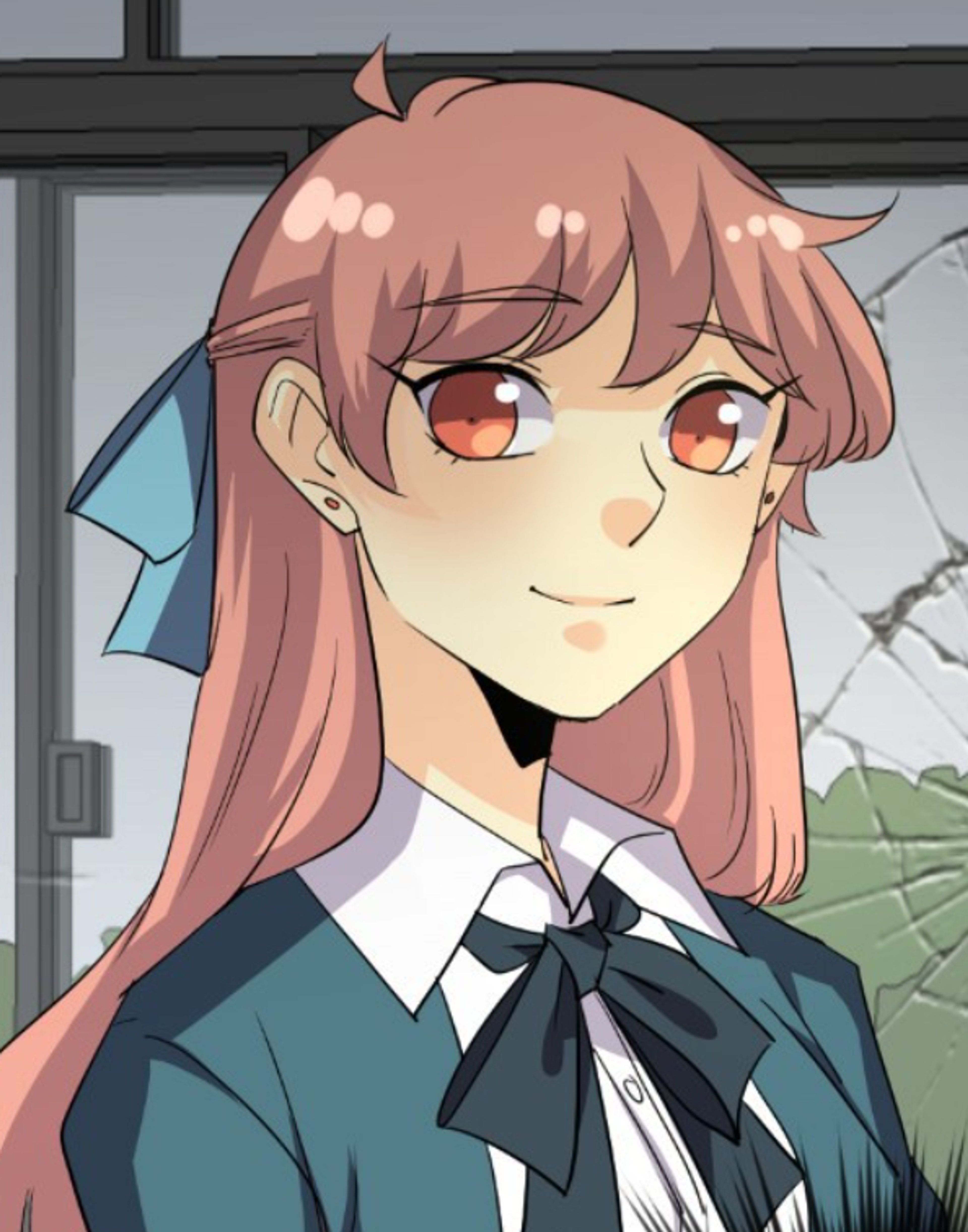 An anime-style character with pink hair and red eyes wearing a school uniform