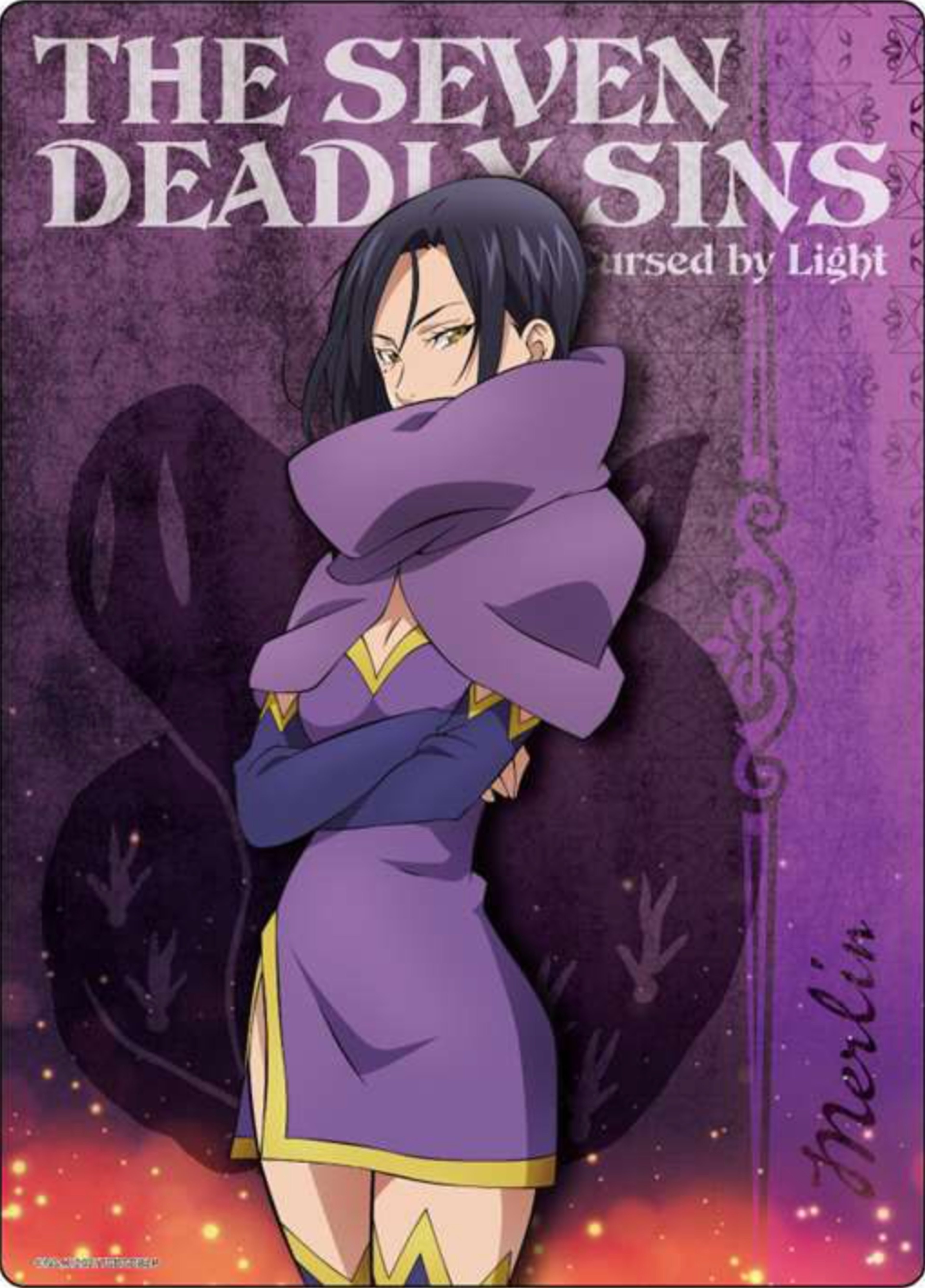 A young woman with long dark hair wearing a purple outfit standing in front of a purple background with text that says 'The Seven Deadly Sins'.