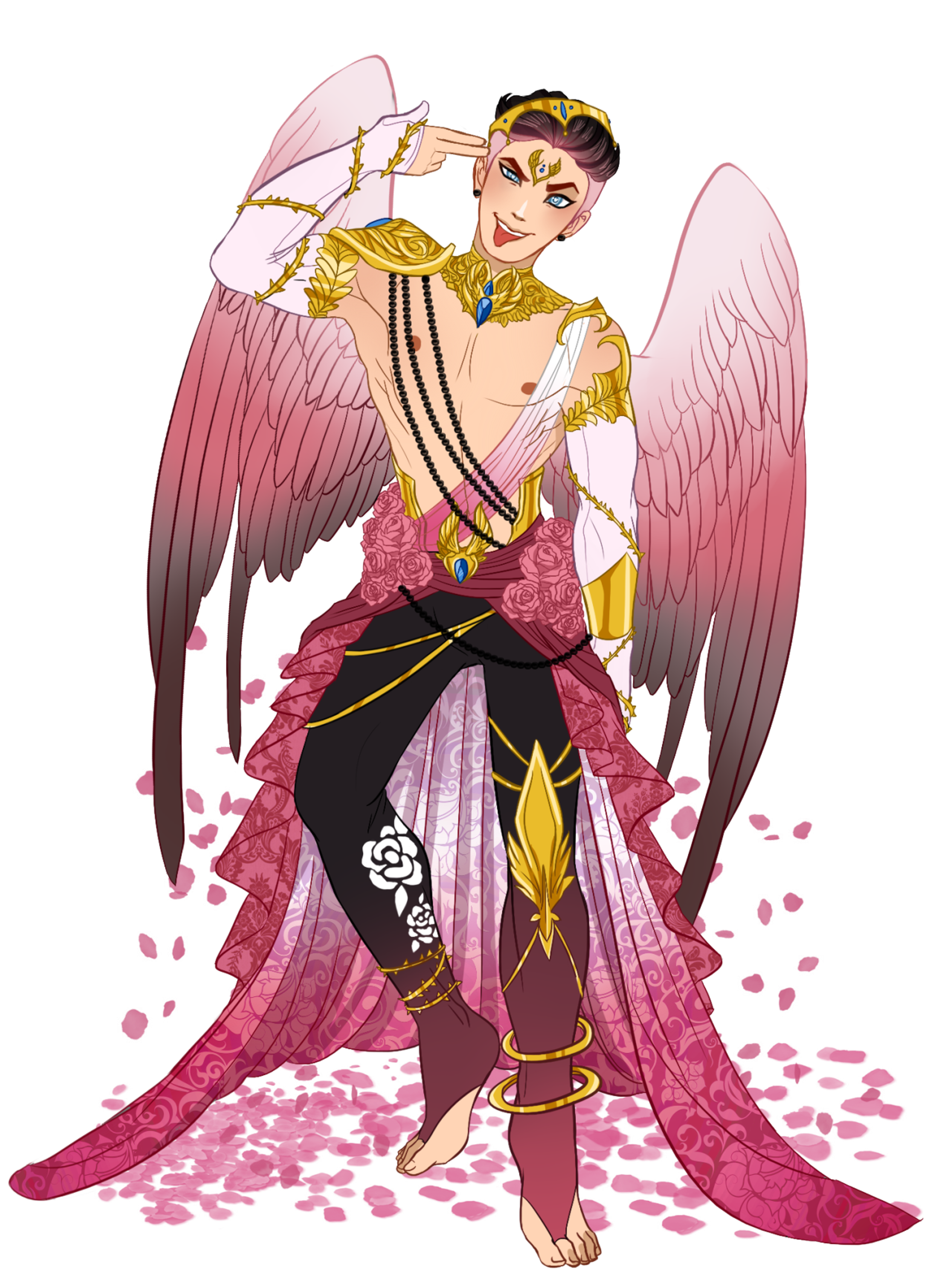 A winged humanoid character in a pink and gold outfit with a flowing cape and skirt.